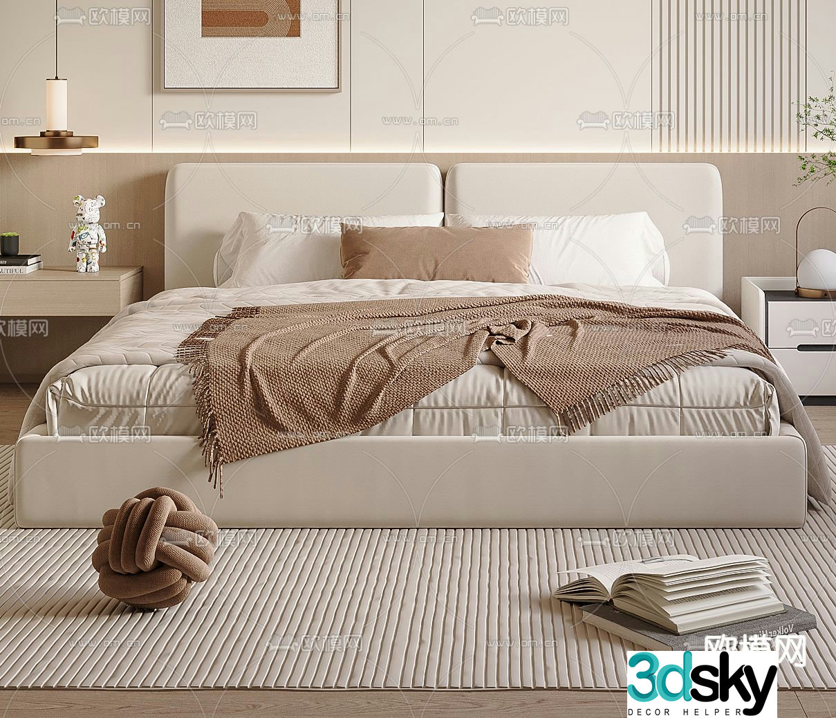 Cream style double bed 3d model