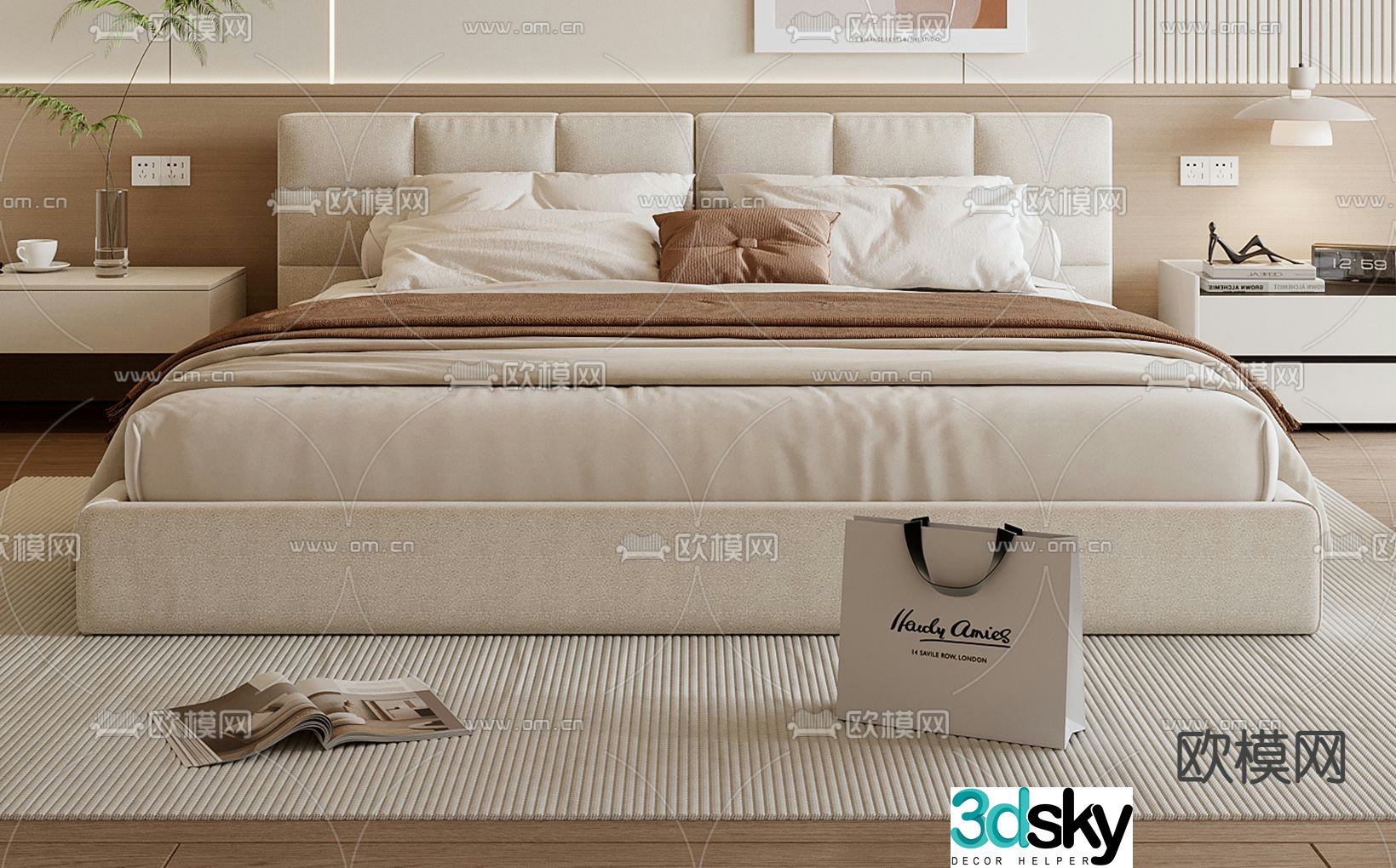 Cream style double bed 3d model