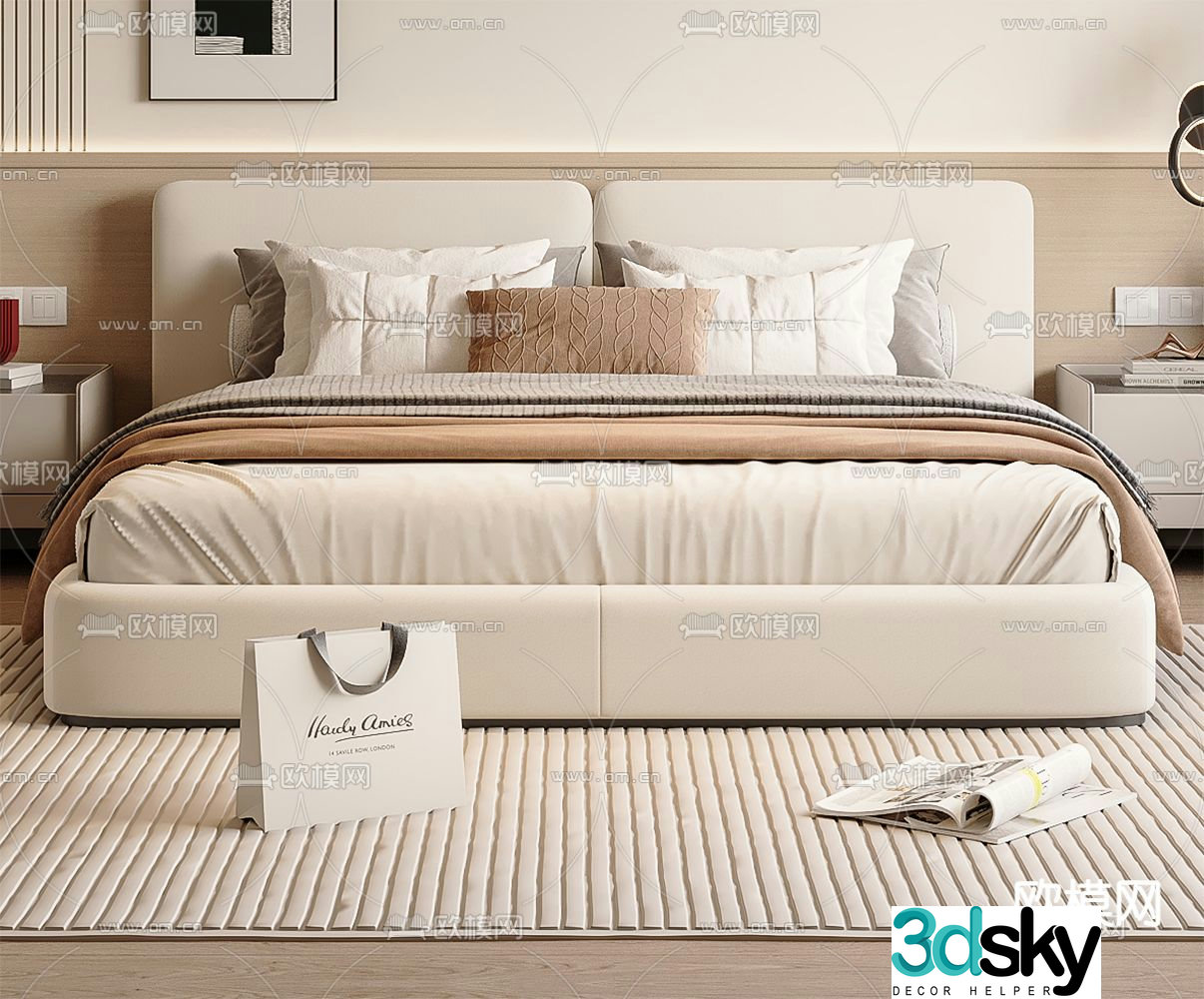 Cream style double bed 3d model