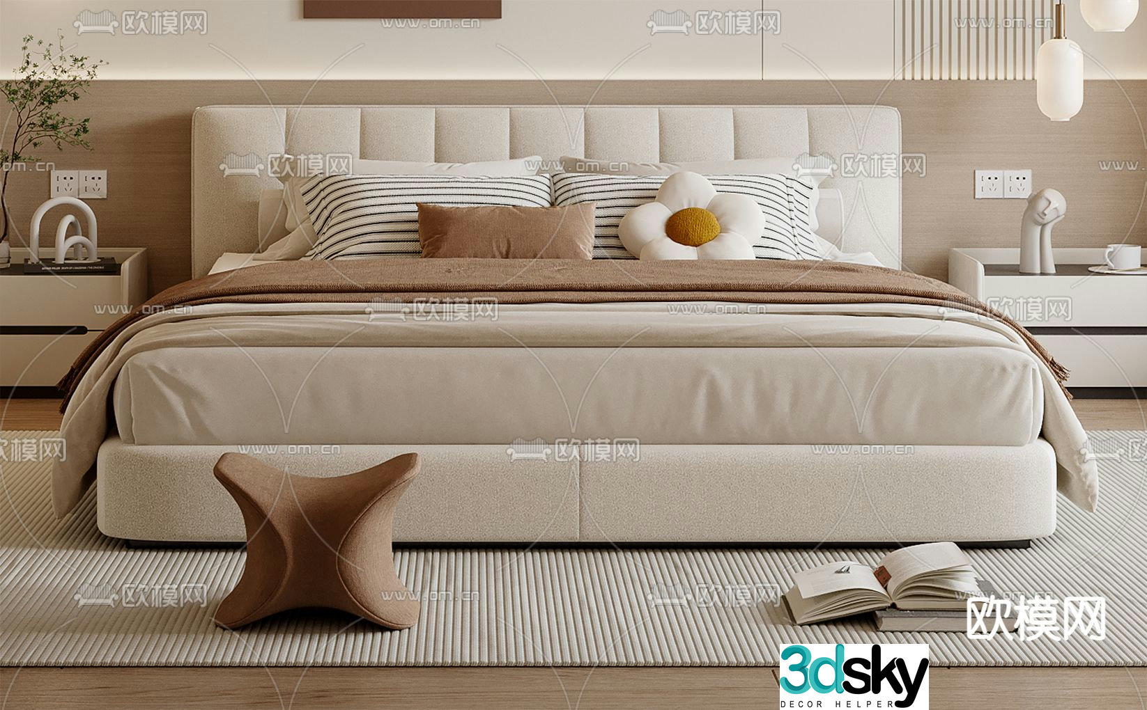Cream style double bed 3d model