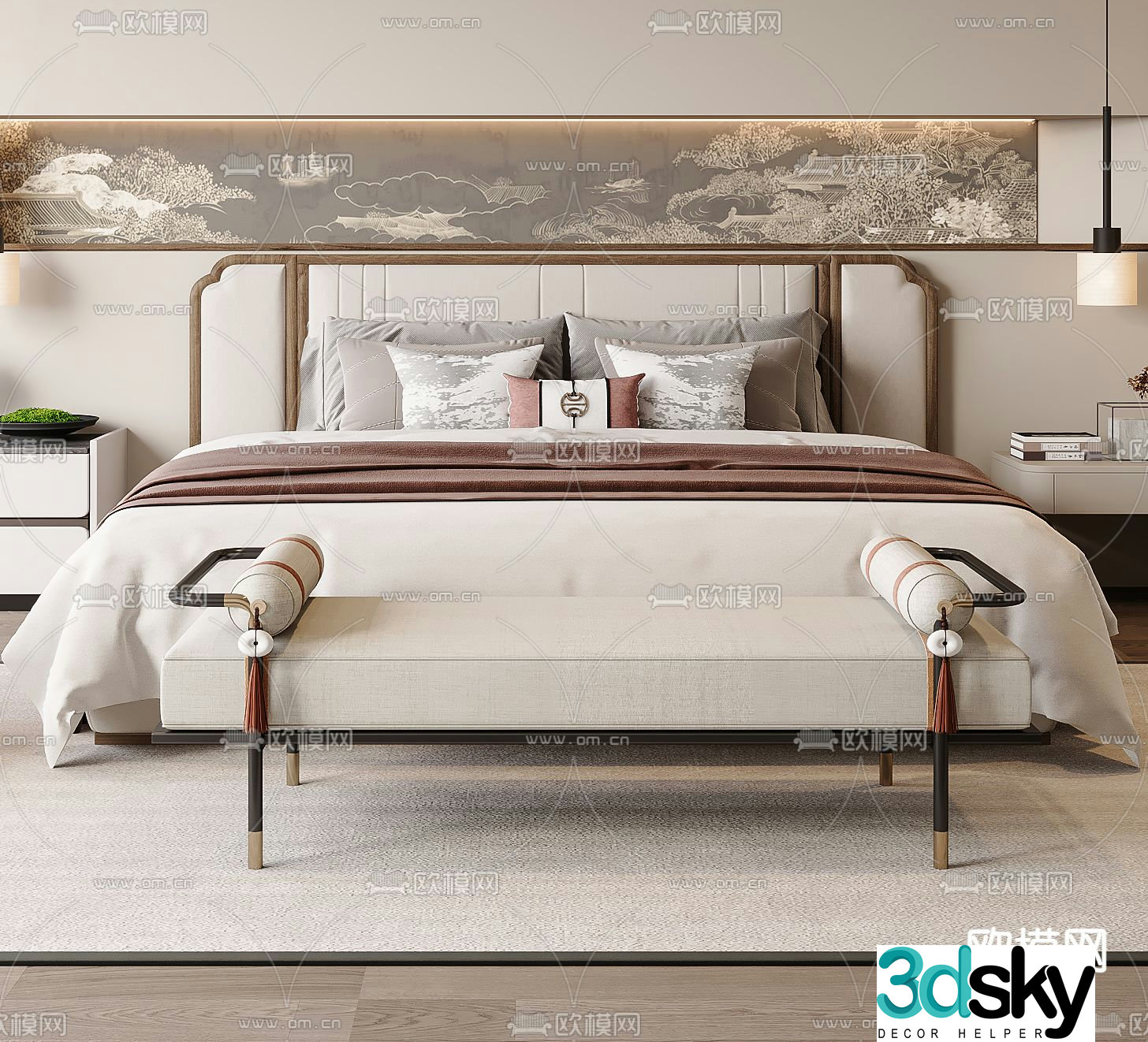 New Chinese style double bed 3d model