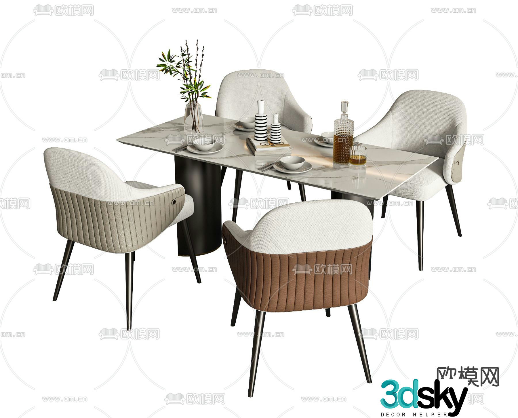 Strip dining table and chairs rock slab dining table 3d model