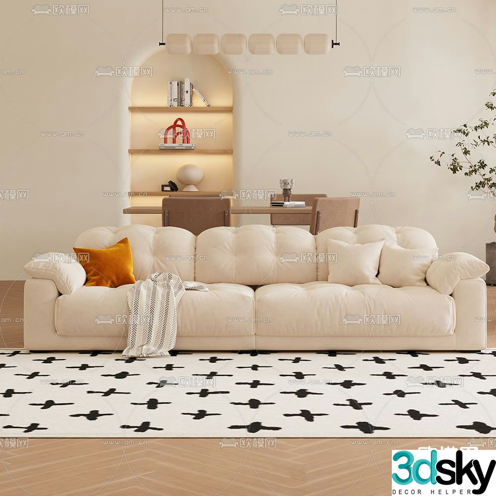 Cream style three-seat sofa 3D model