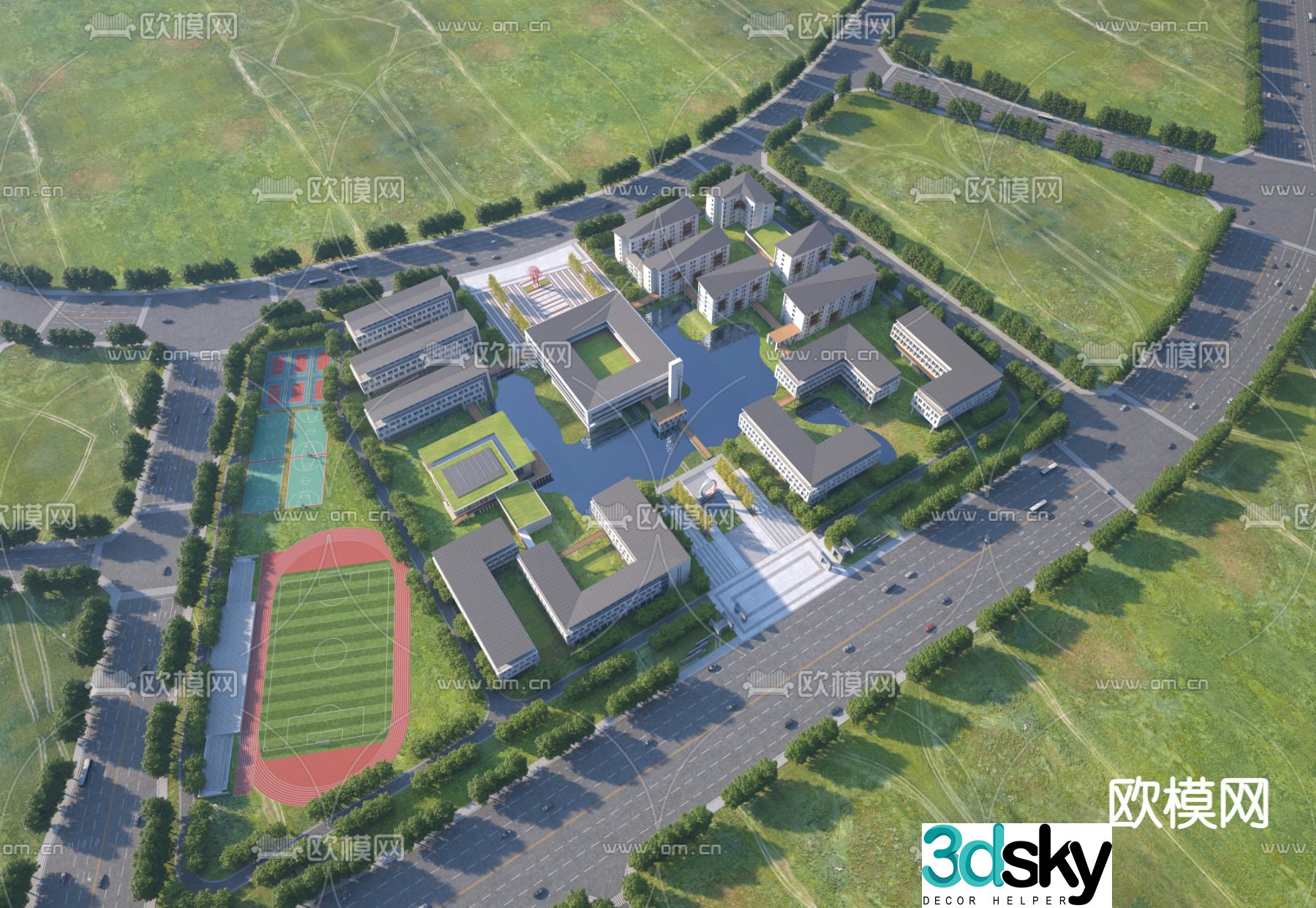 School aerial view 3d model