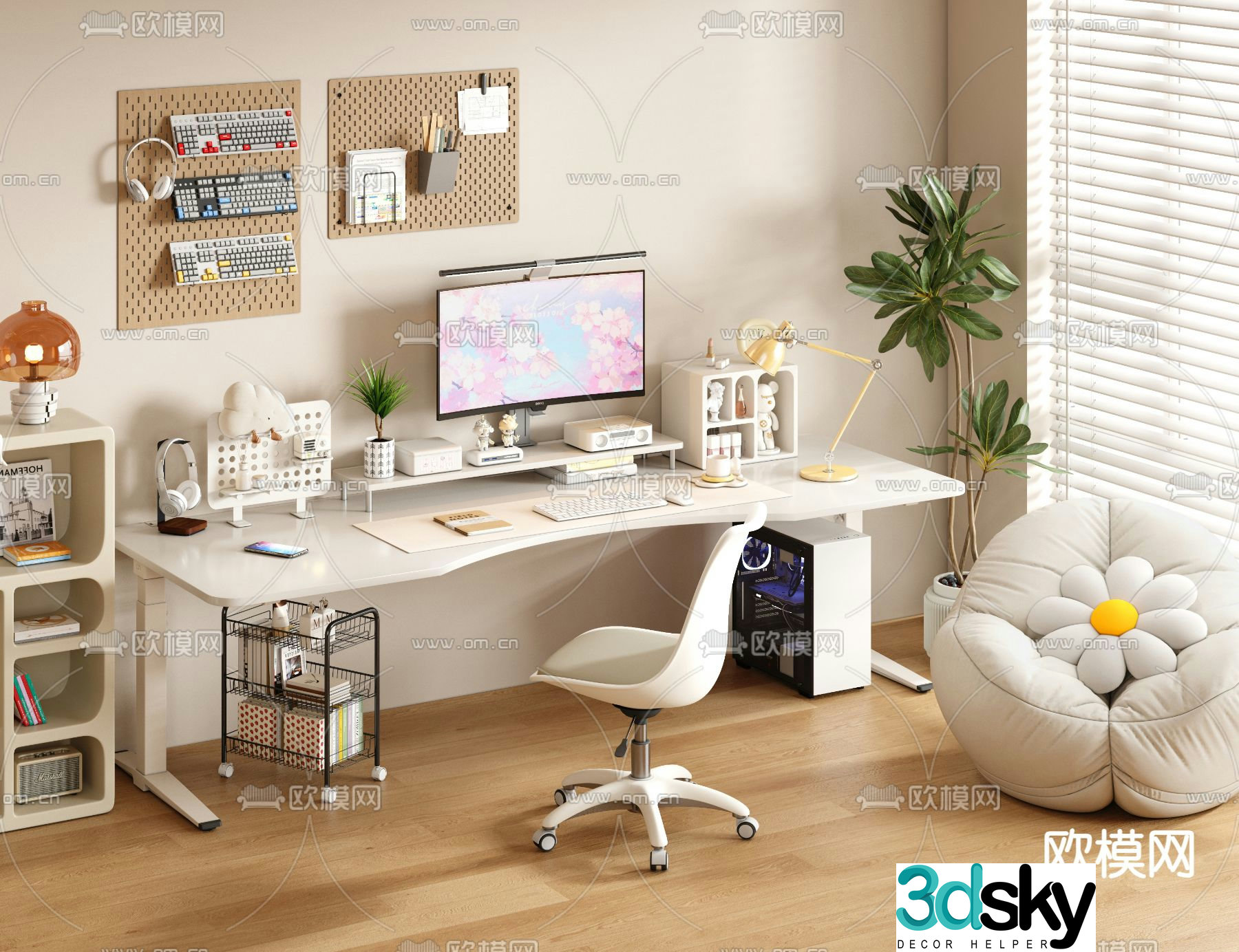 Cream style desk computer desk 3d model
