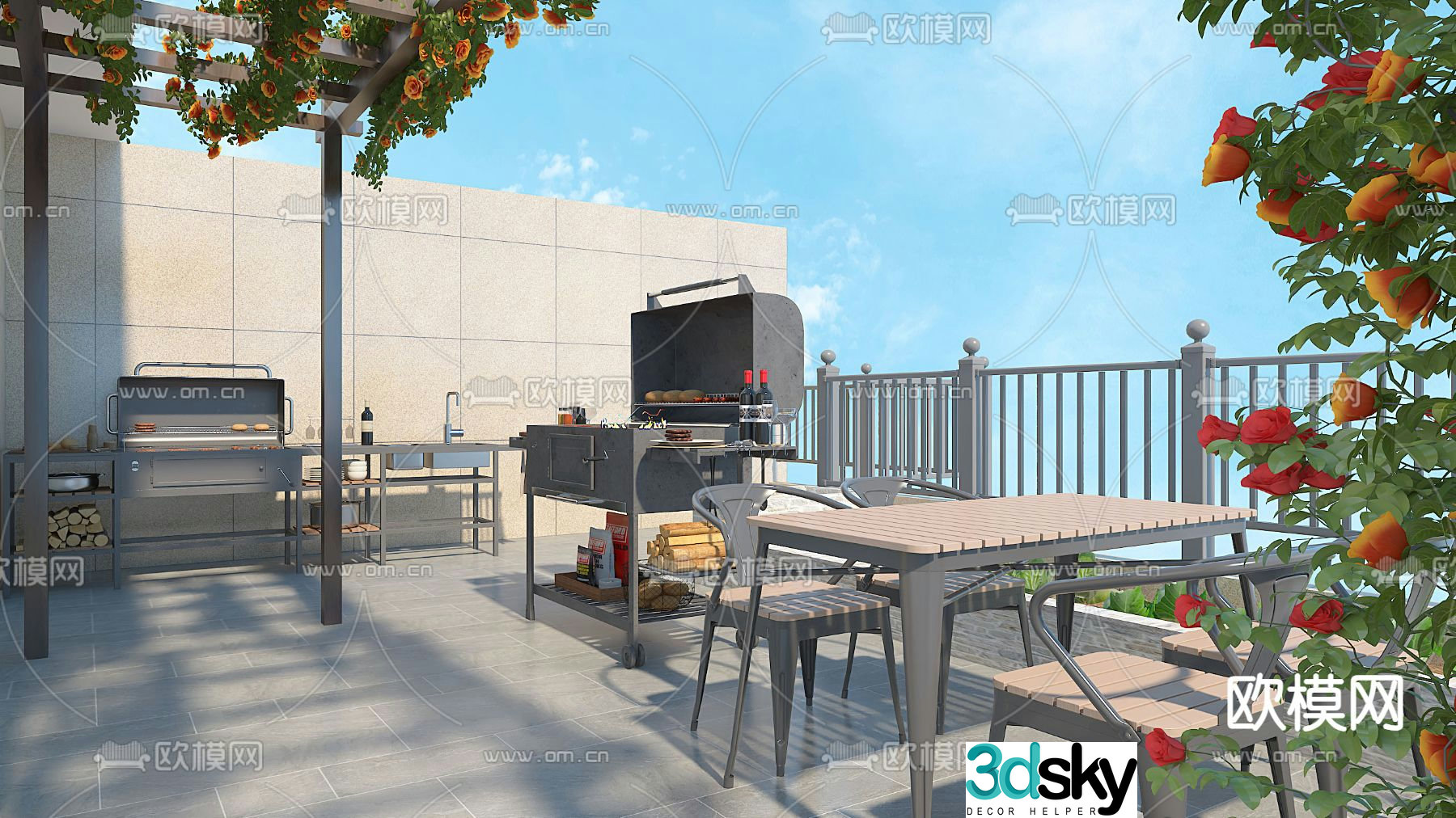 Modern balcony terrace roof garden 3d model