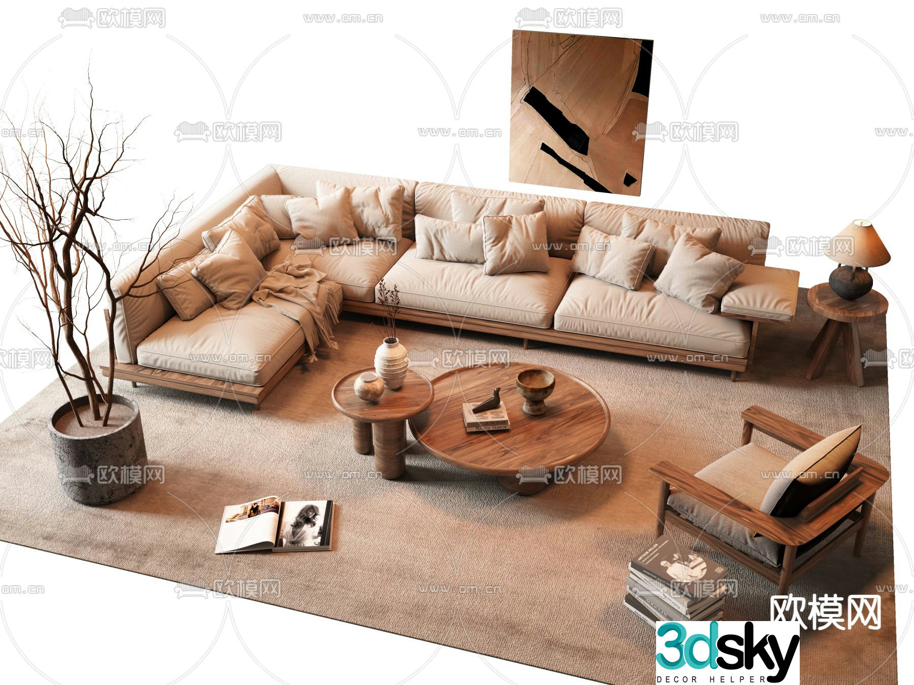 Wabi-sabi style corner sofa fabric sofa 3d model