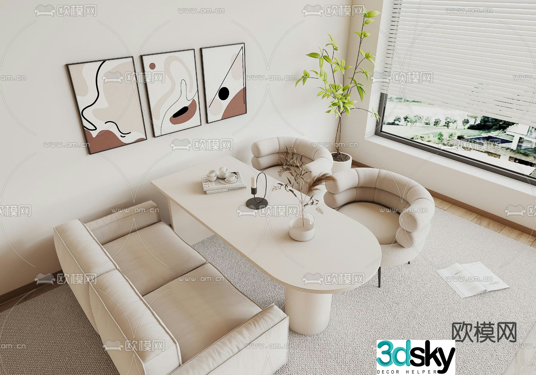 Cream style negotiation table and chairs rest area 3D model