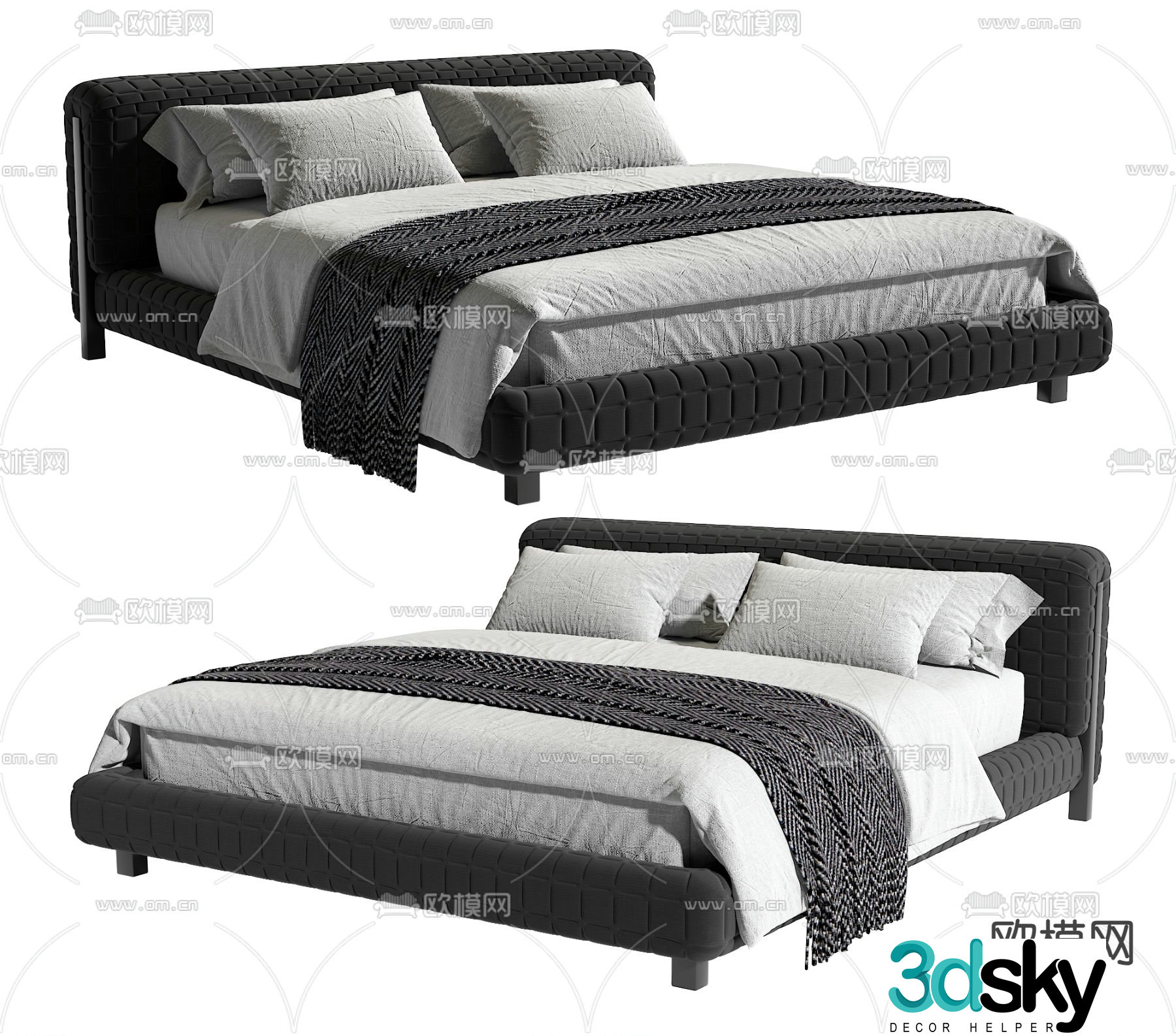 Homary black and white gray double bed 3d model