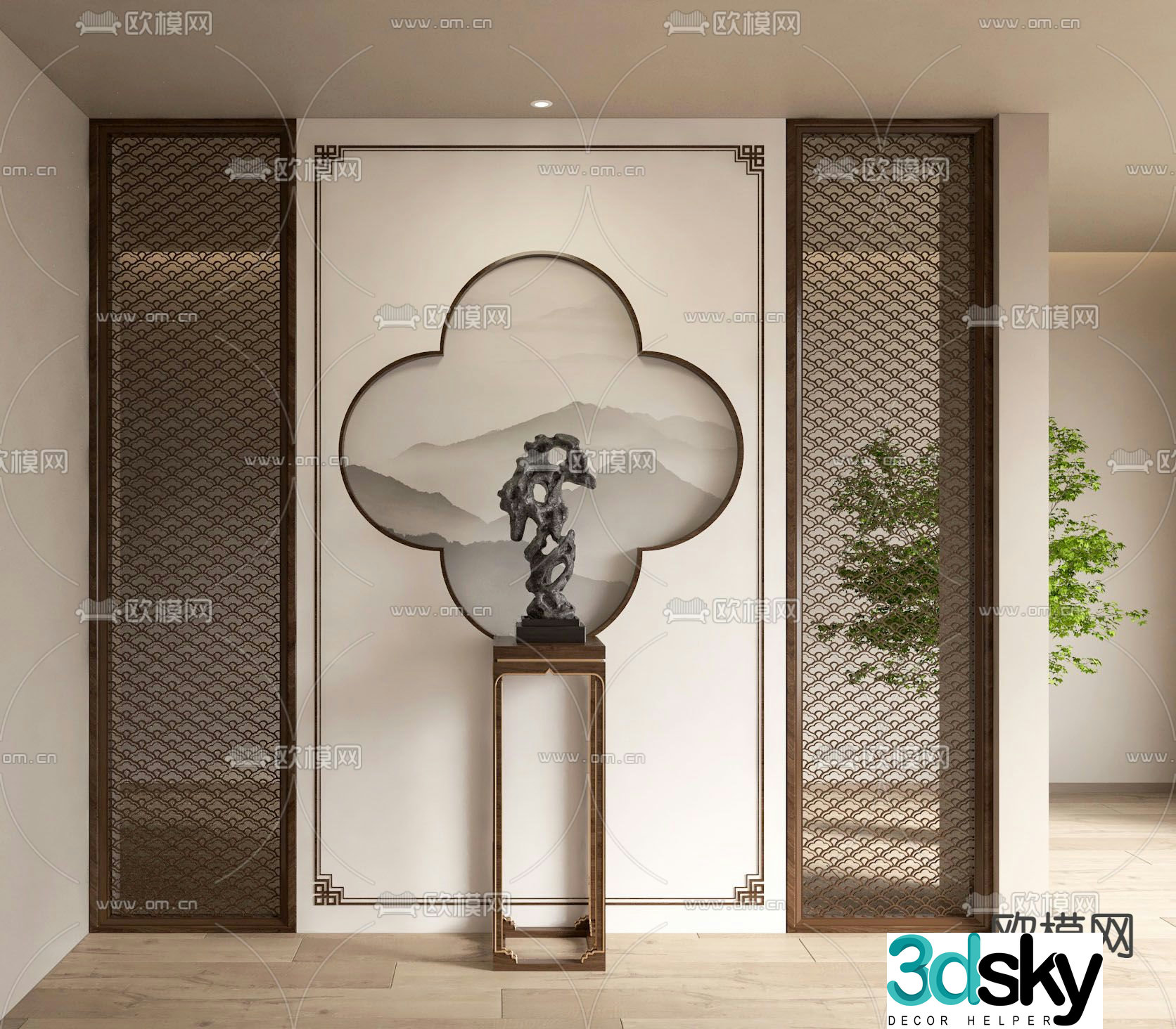 New Chinese style entrance partition Grid 3D model