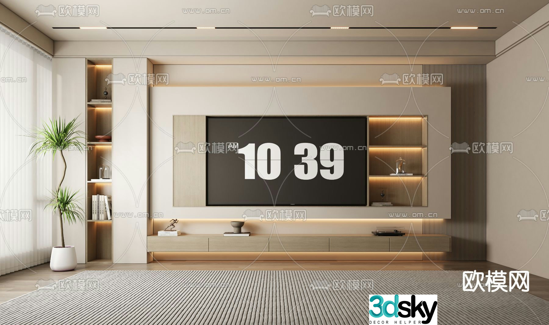 Cream style living room TV background wall 3D model