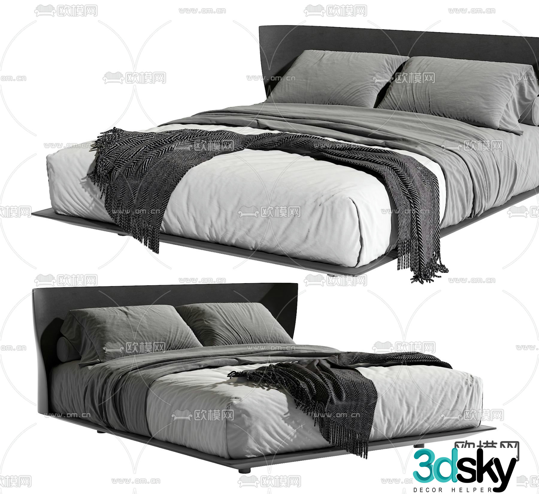 Premium gray double bed 3d model