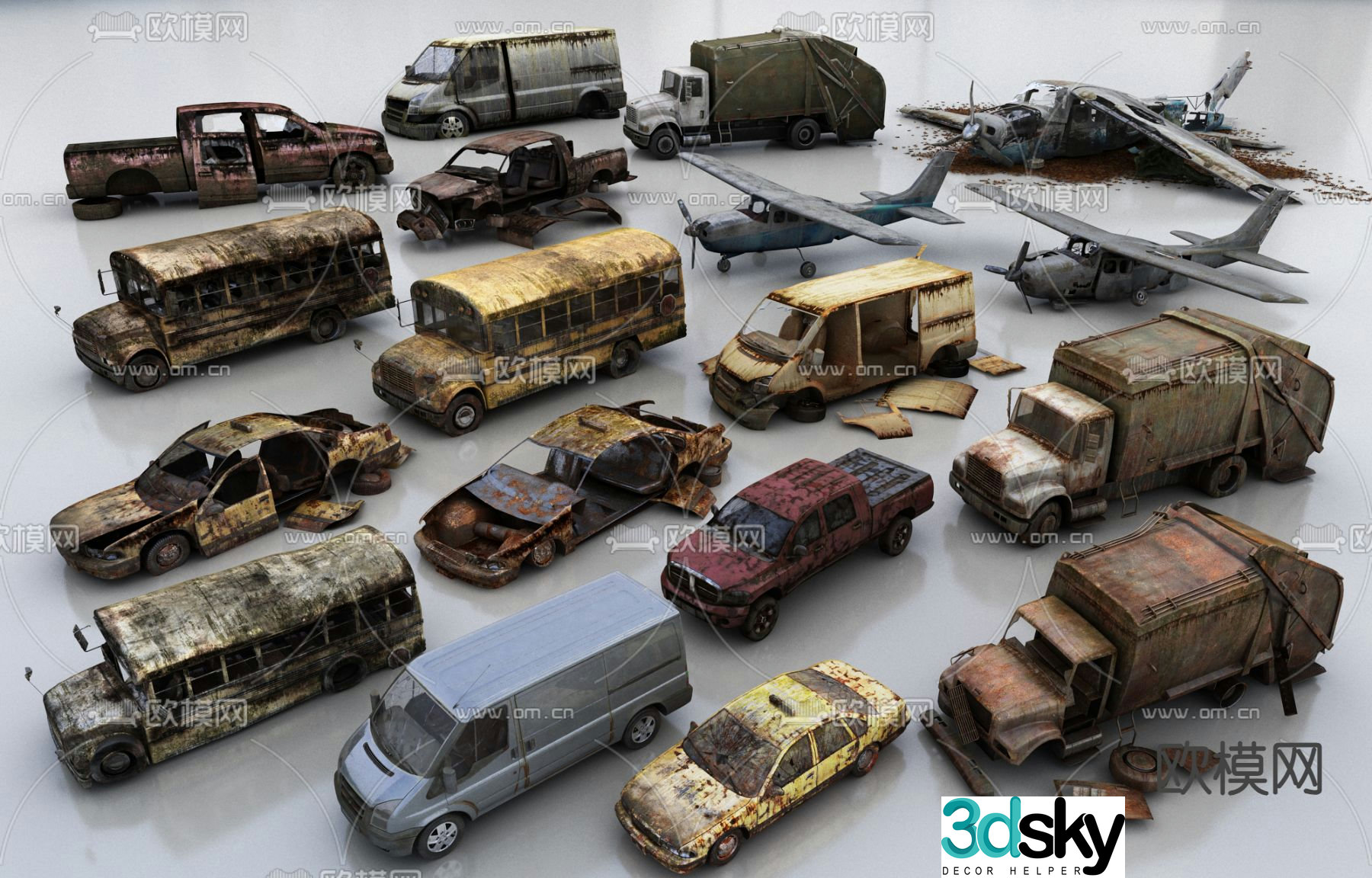 dilapidated car pickup truck dilapidated school bus 3d model