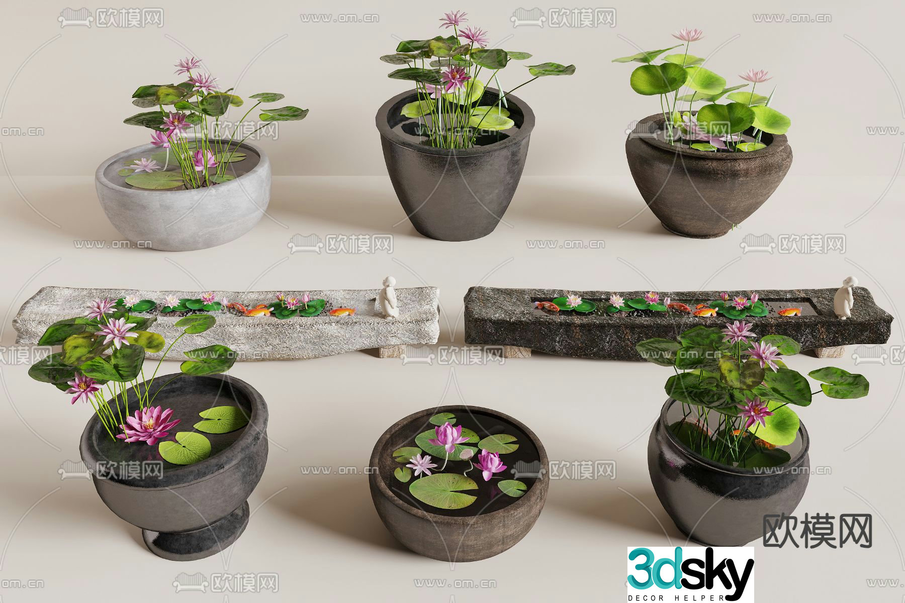 Chinese water tank stone trough micro landscape plant 3D model