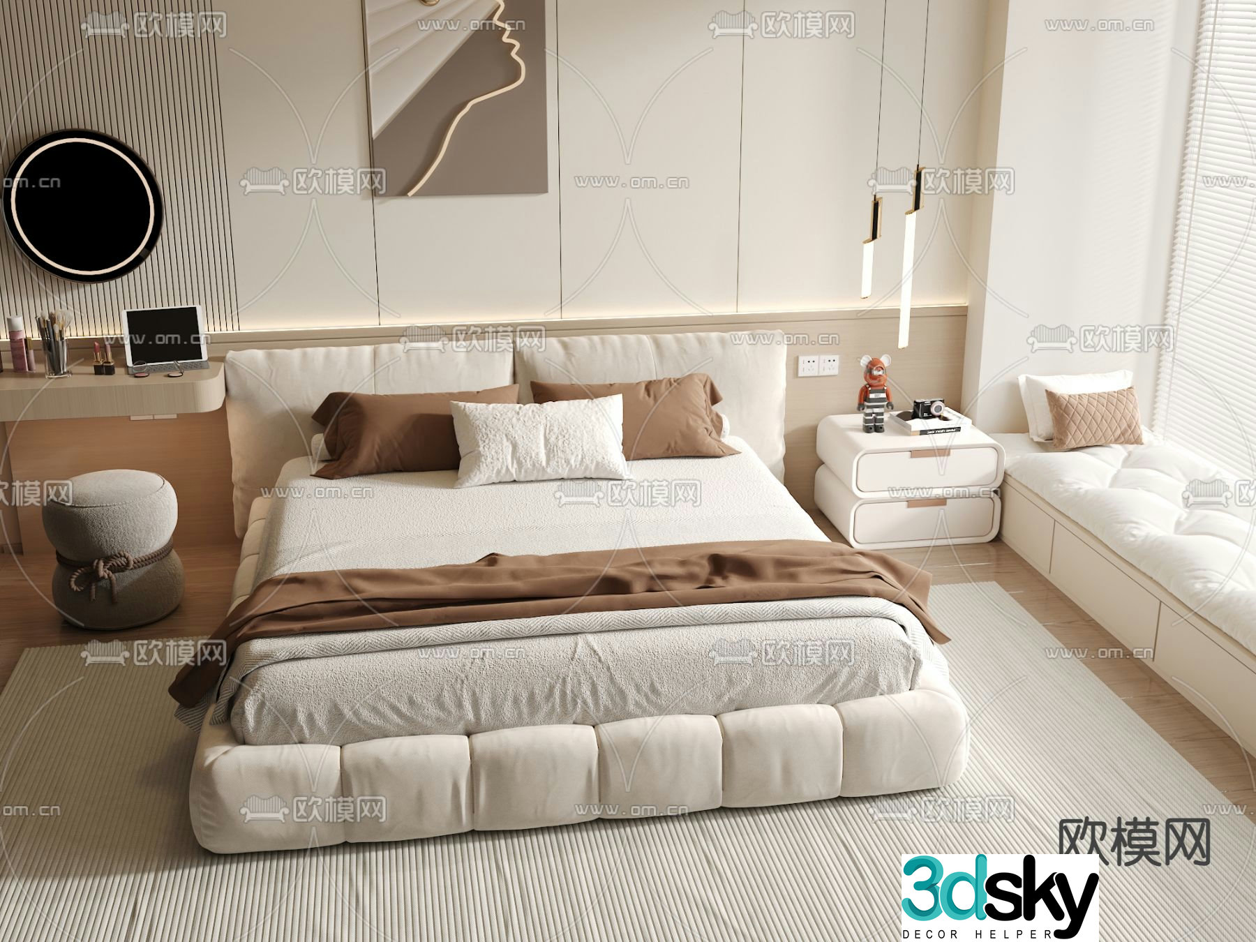 Cream style double bed 3d model