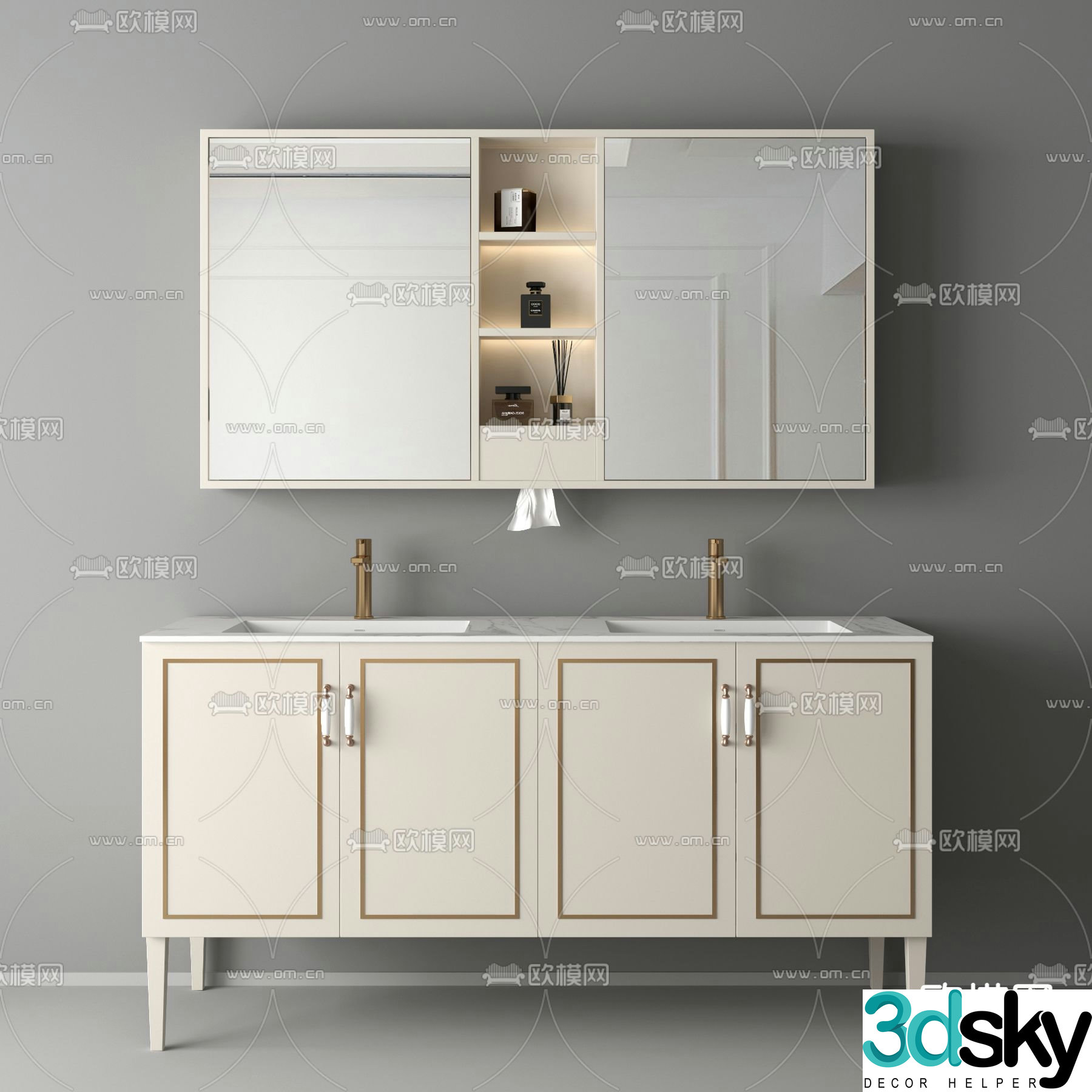 French bathroom cabinet double basin vanity 3d model