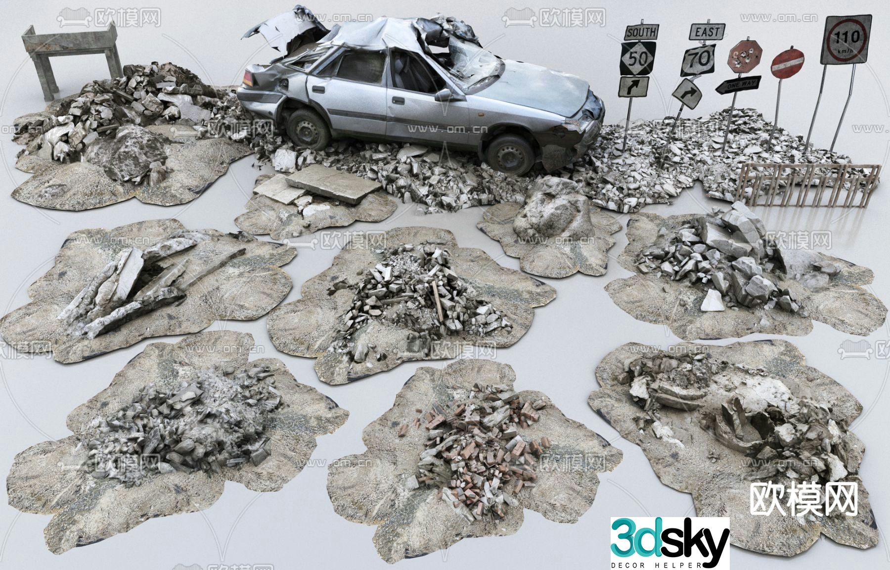 Ruin stone scrap car game scene stone 3d model