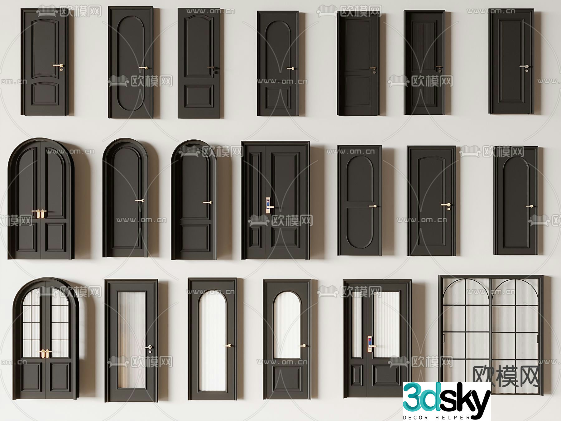 French swing door sliding door round arch glass door 3d model