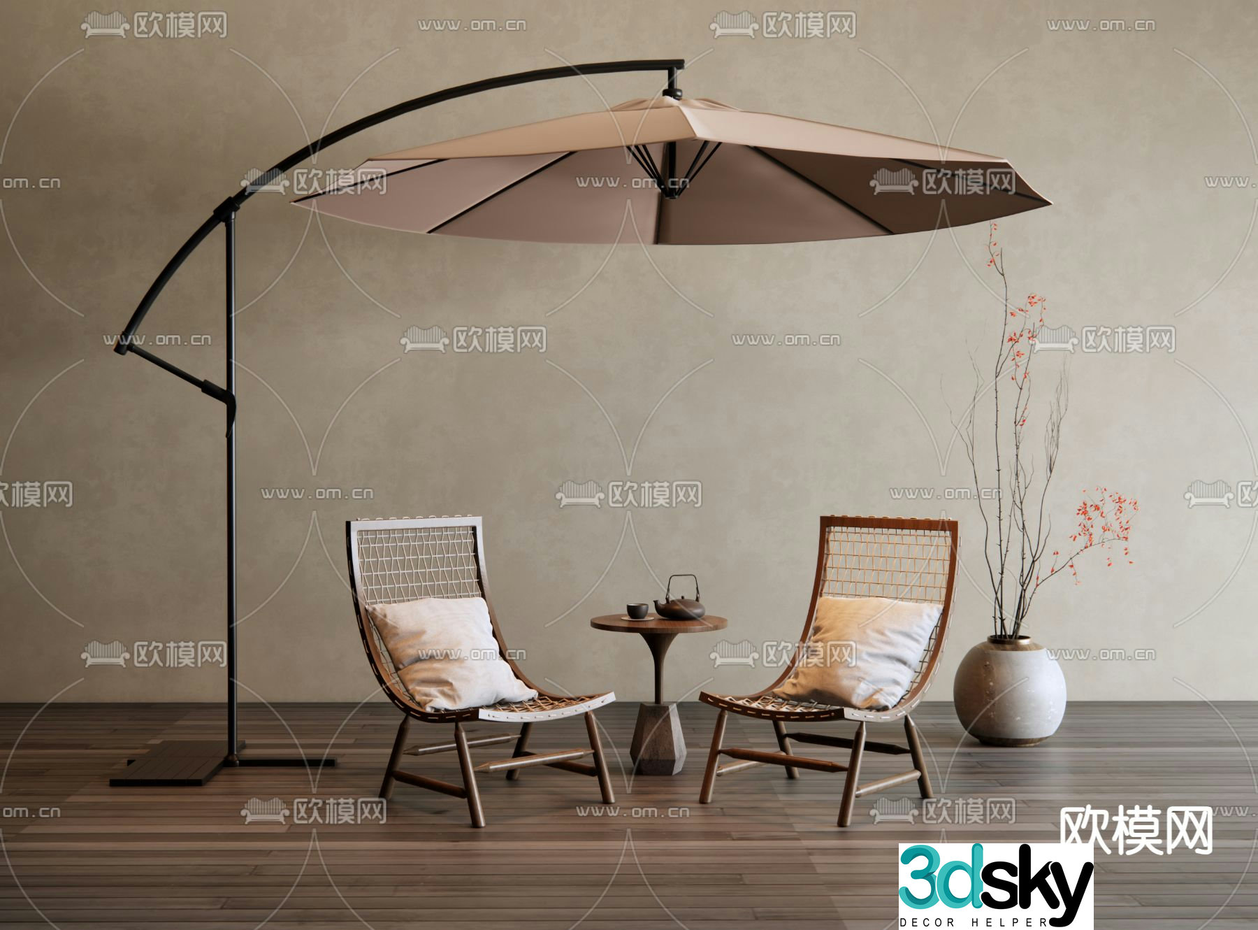 Rattan outdoor chair parasol 3d model