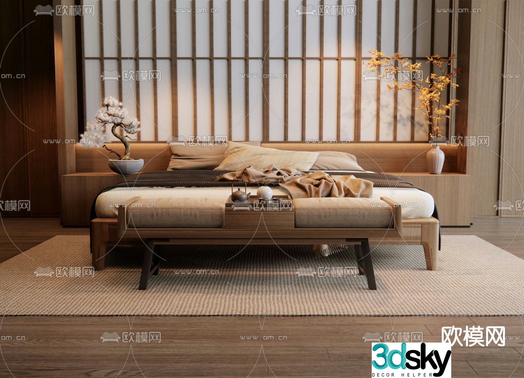 New Chinese style double bed 3d model