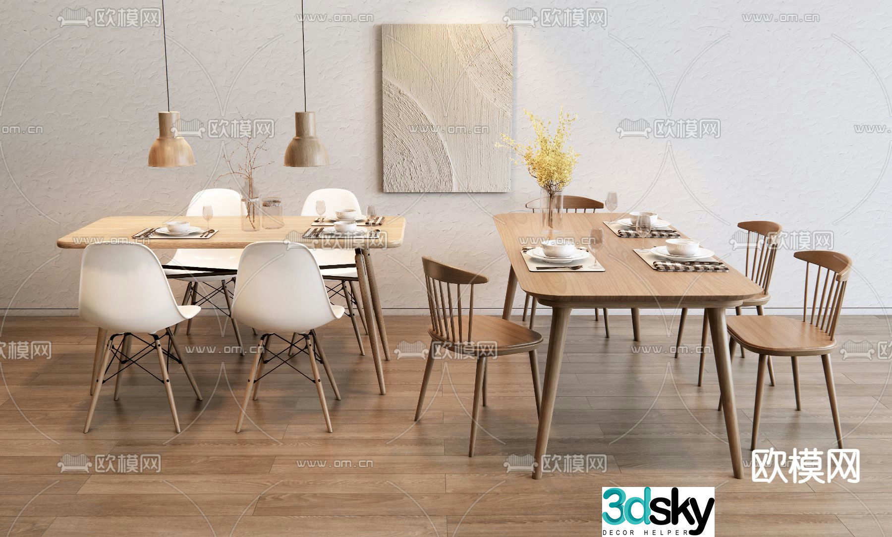 Nordic log dining table and chairs 3d model