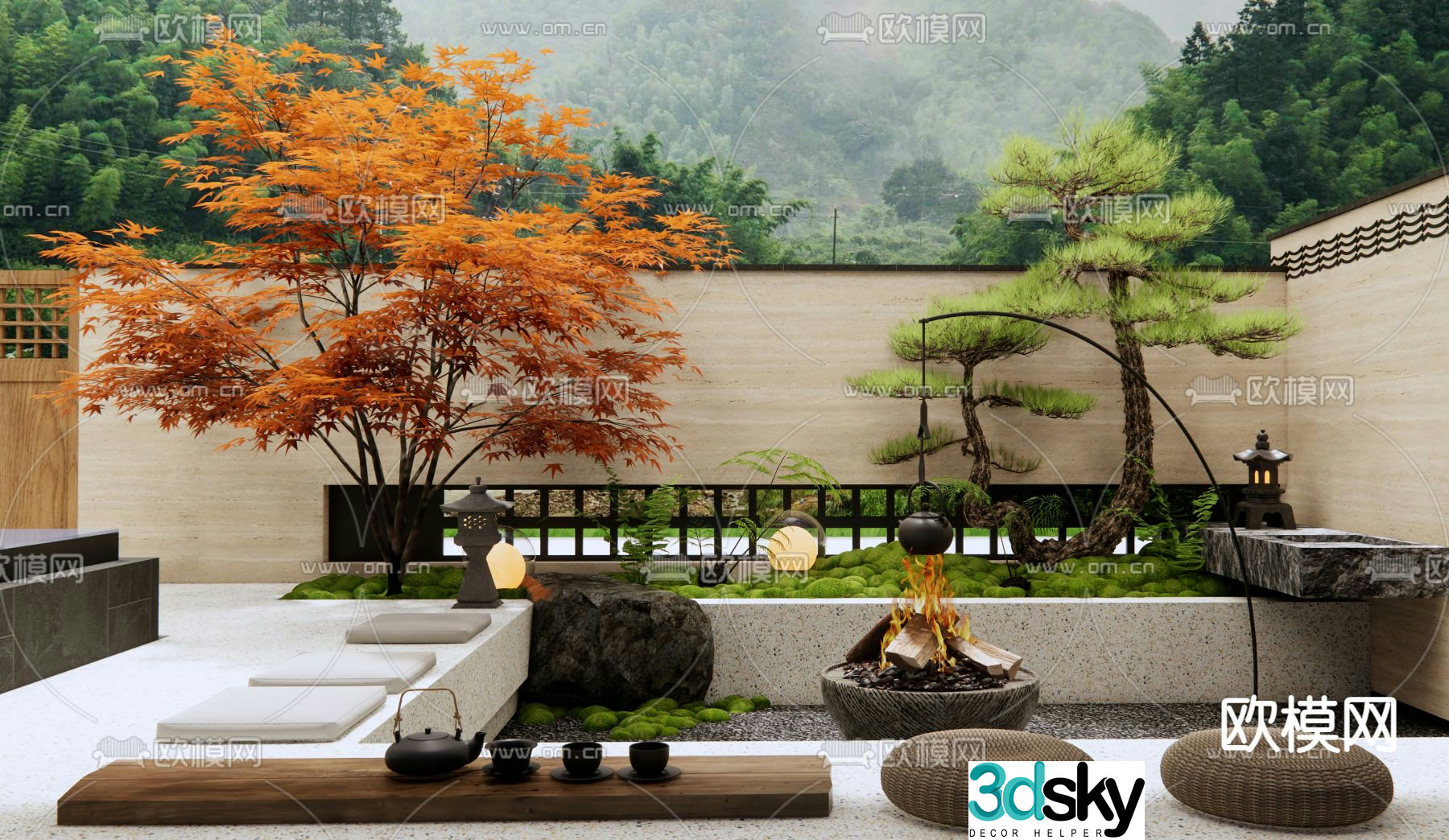 Courtyard landscape red maple landscape 3D model