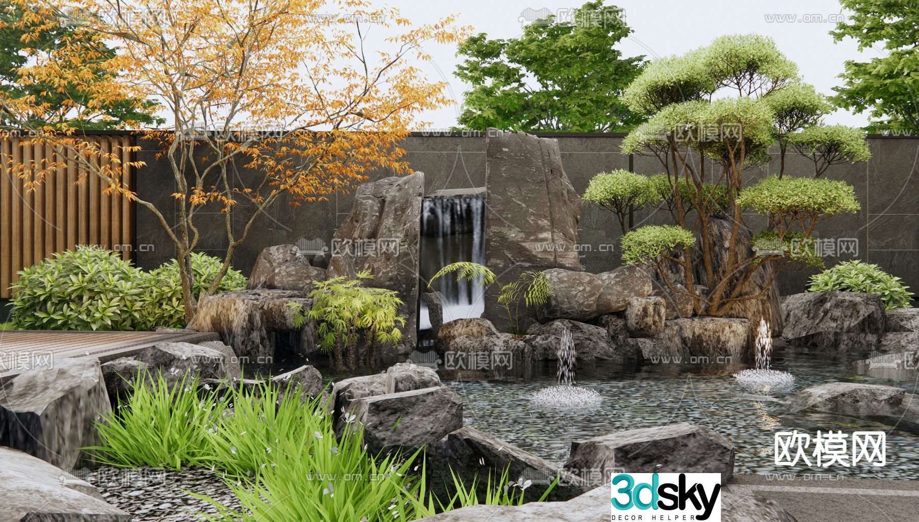 Chinese rockery waterscape courtyard fish pond 3D model