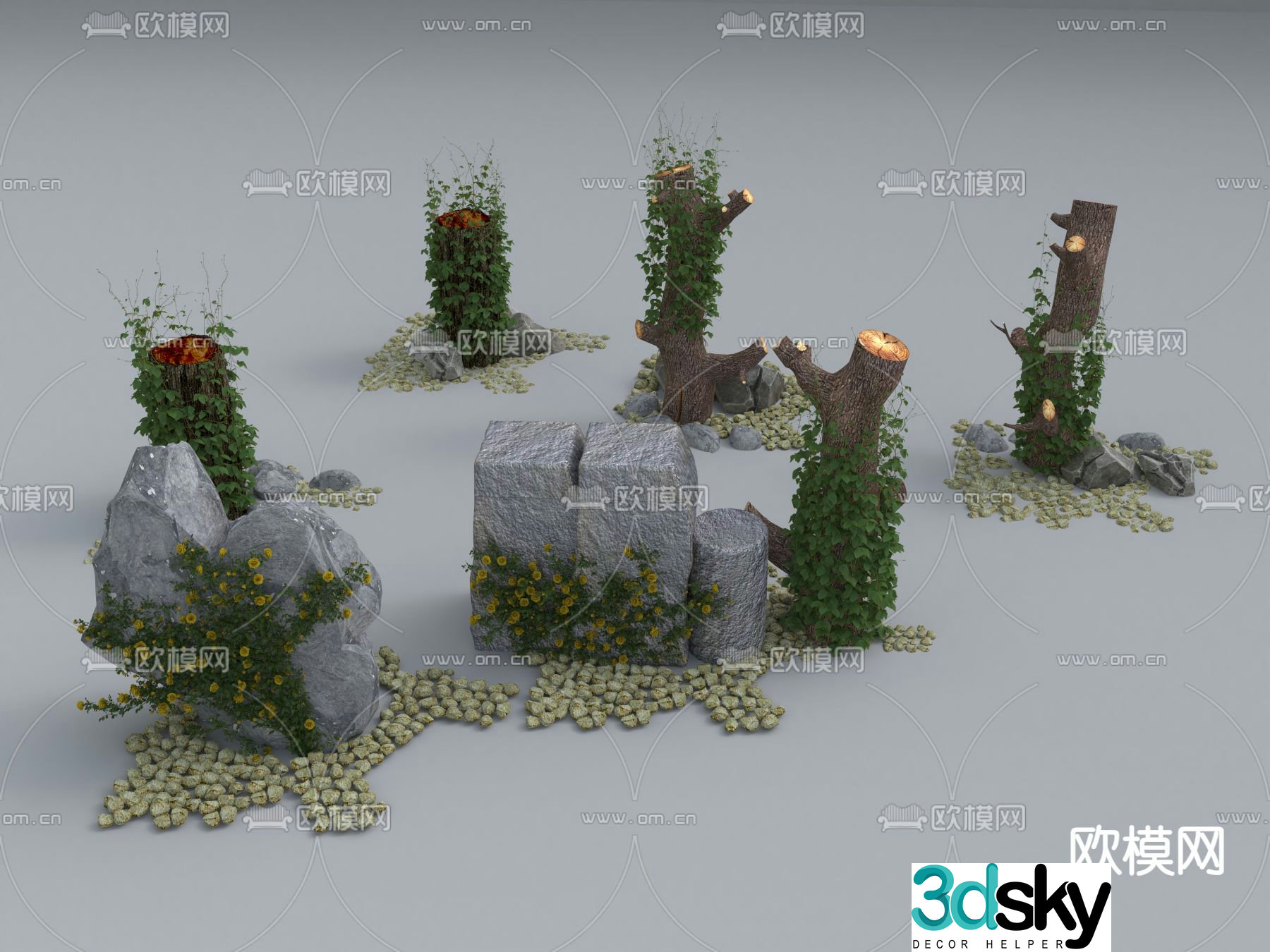 Landscape stones stones tree stumps wooden stumps 3d model