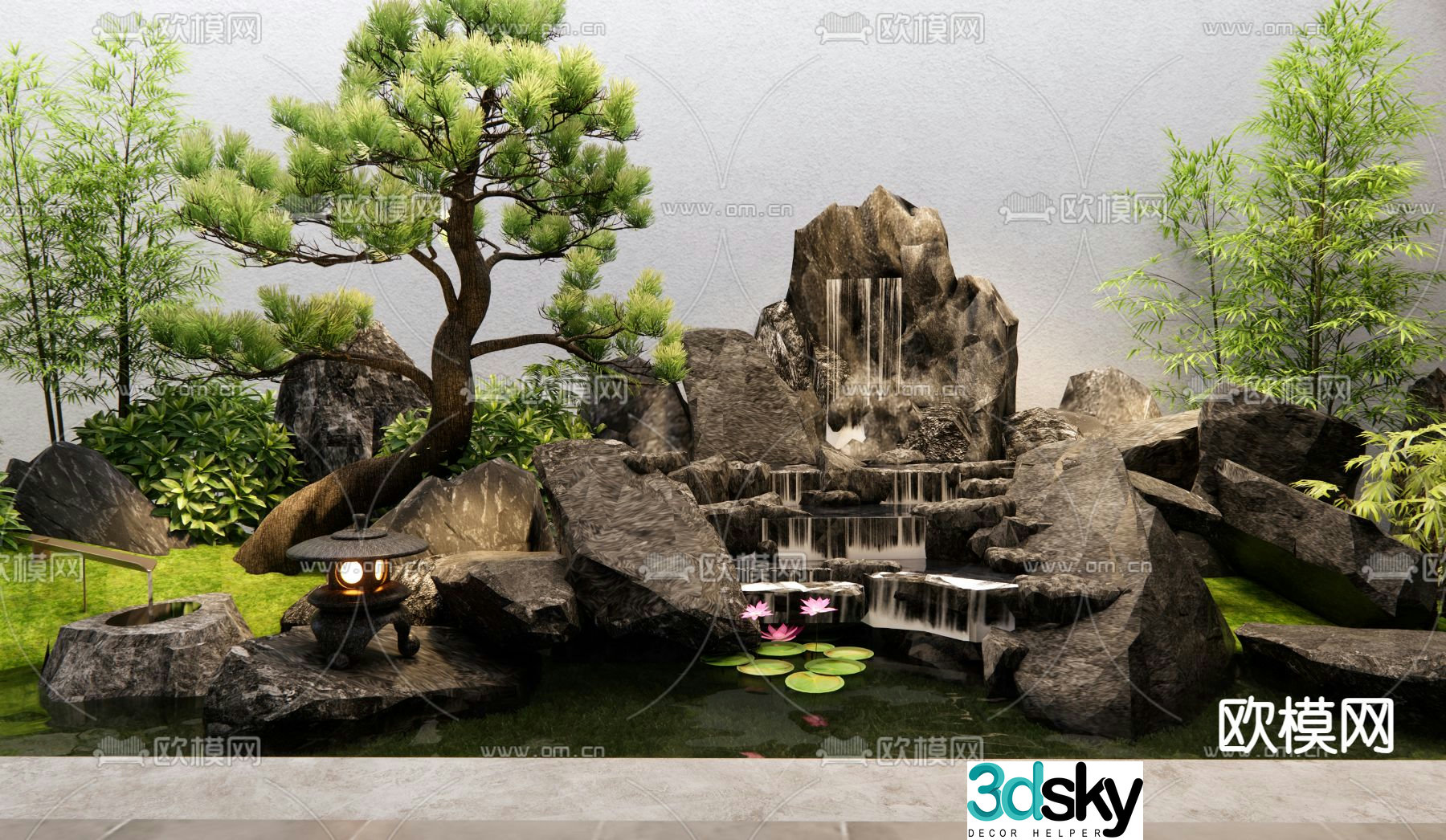 Chinese rockery waterscape stacked stones falling water landscape 3D model