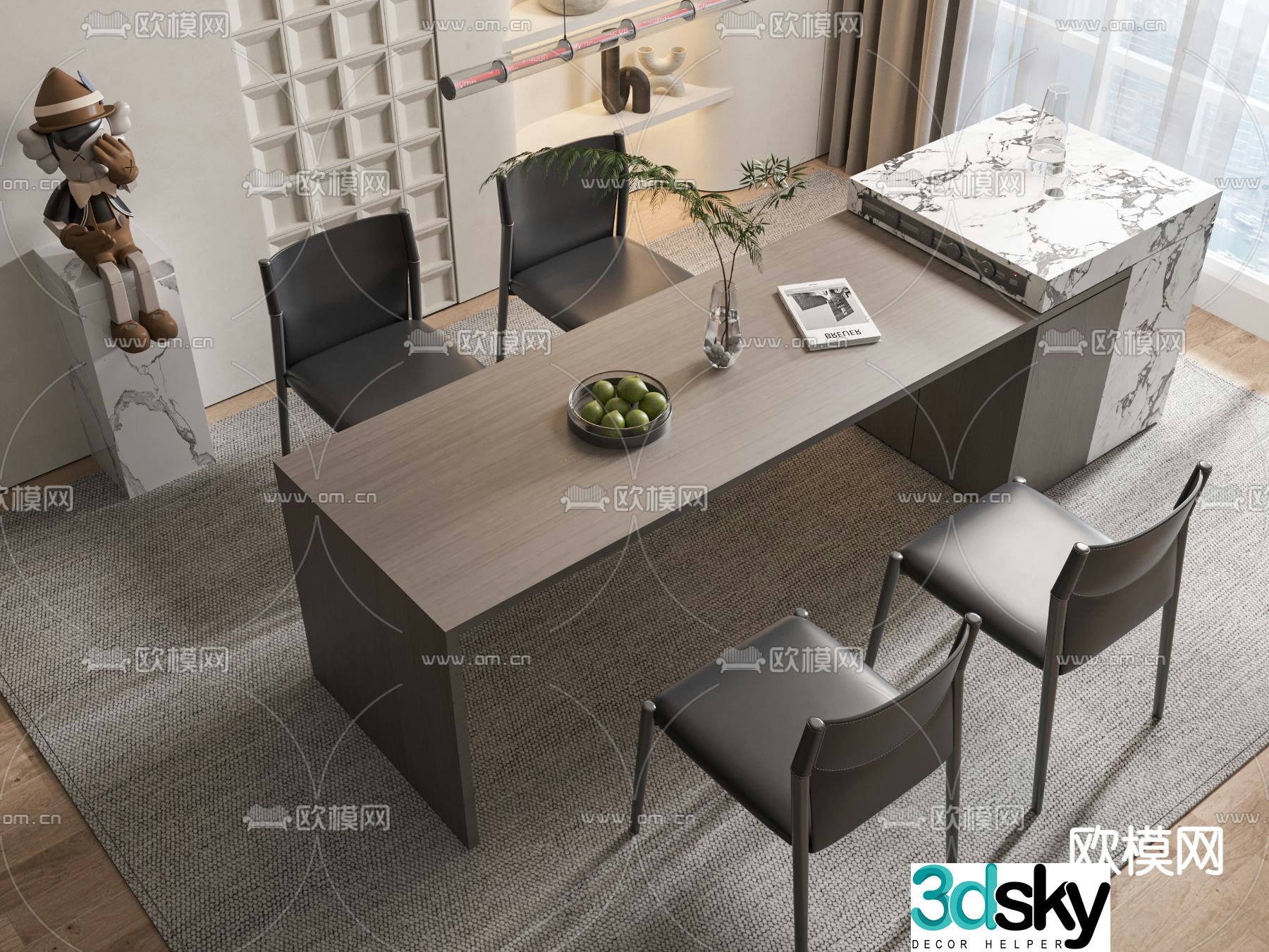 Island dining table and chairs 3d model