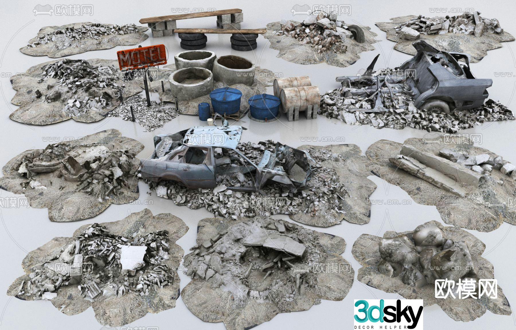 Game scene ruins stones scrap cars street signs 3d model