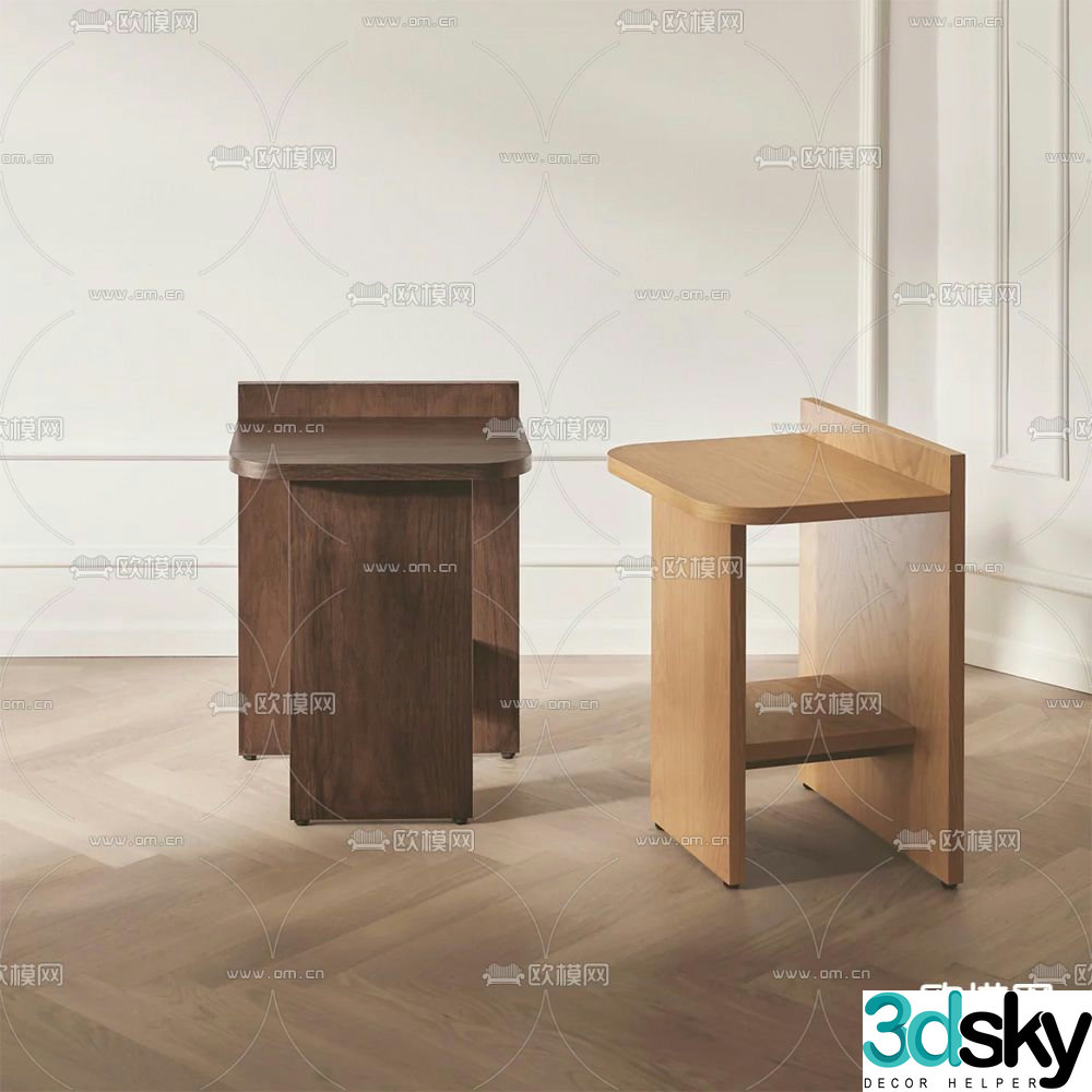 Wabi-sabi style oak stool 3d model
