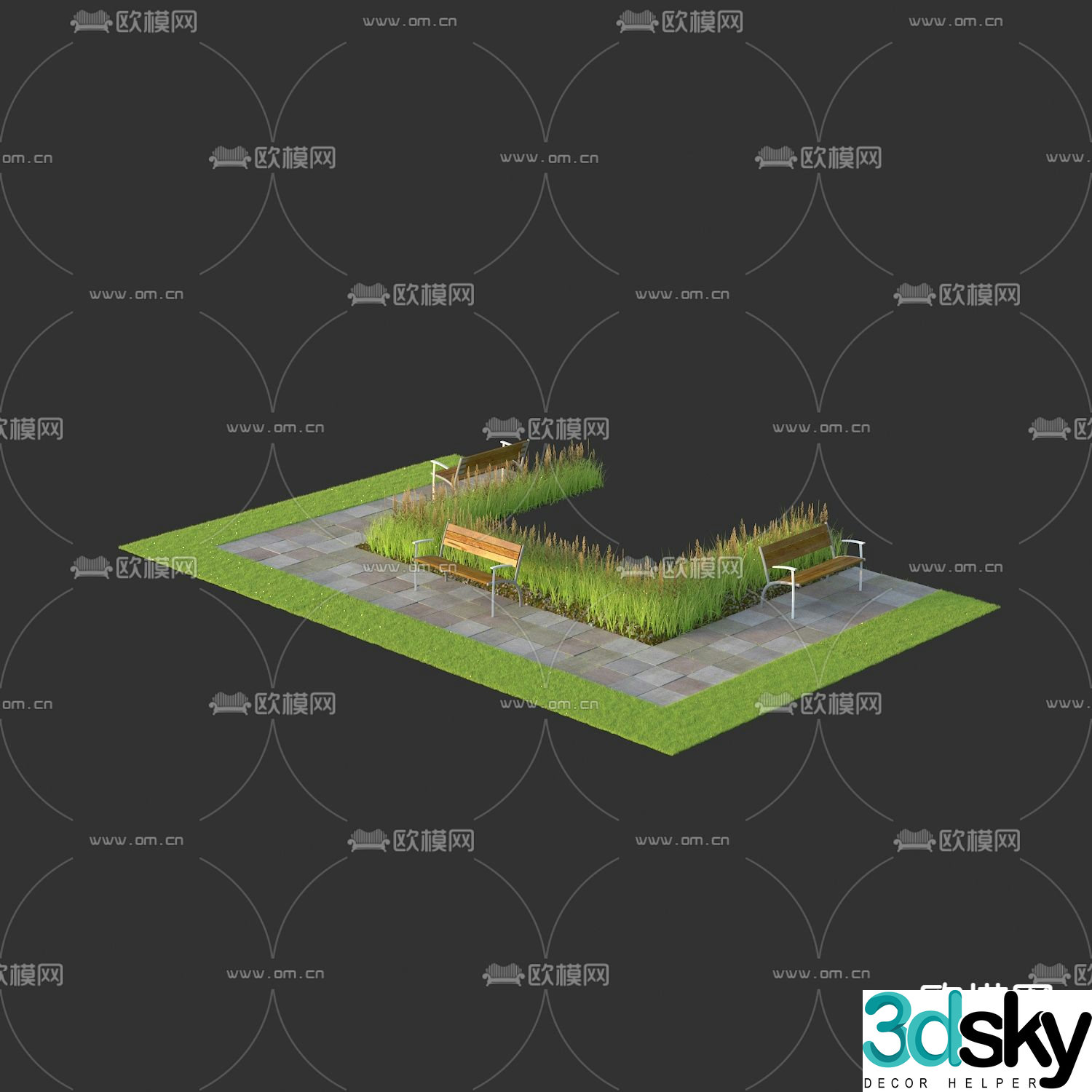 Park Plaza Sketch Flower Lawn Floor Tiles 3D Model