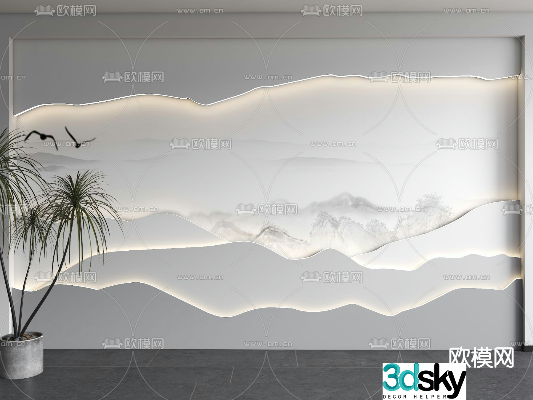 Chinese style background wall landscape painting background wall 3d model