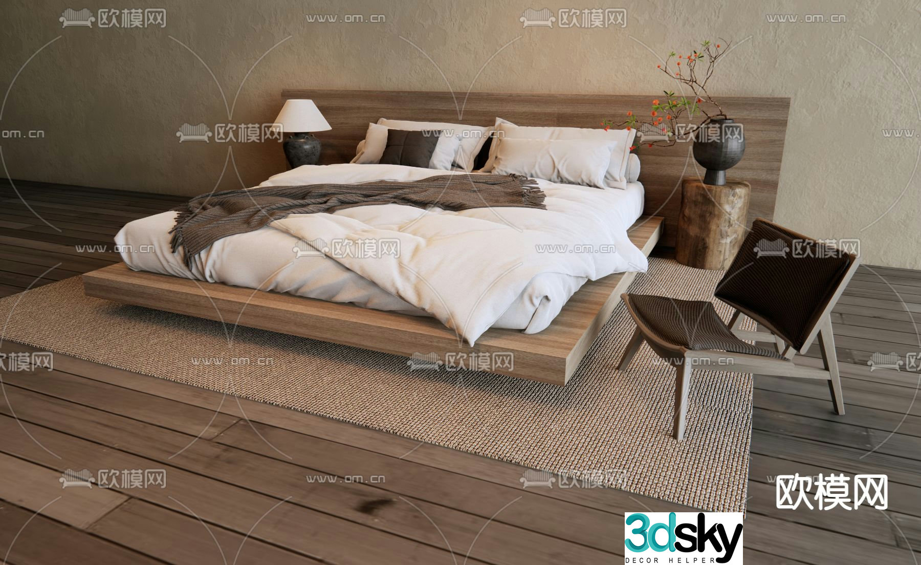 Wabi-sabi style double bed 3d model