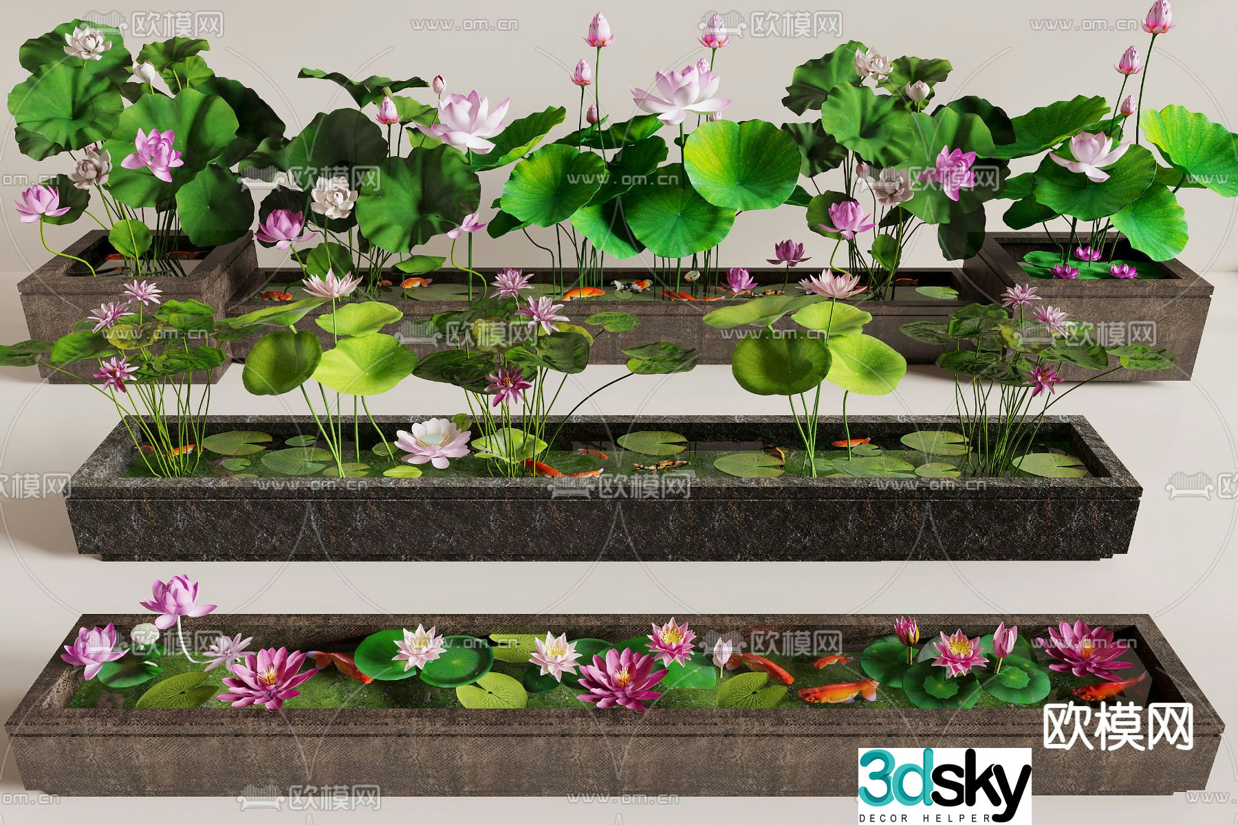 Water lily koi stone trough sink lotus pond 3d model