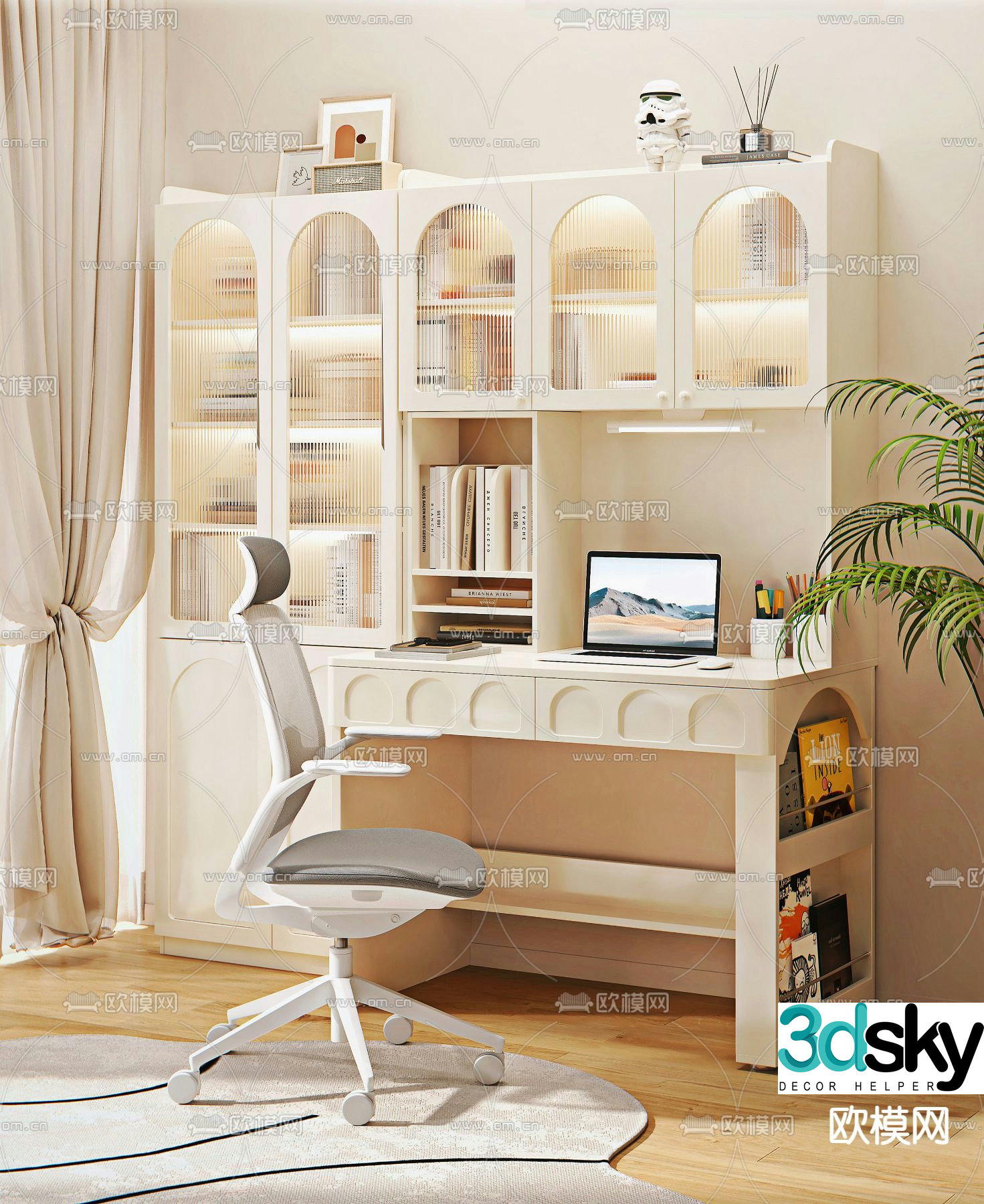Cream style desk computer chair study table 3d model