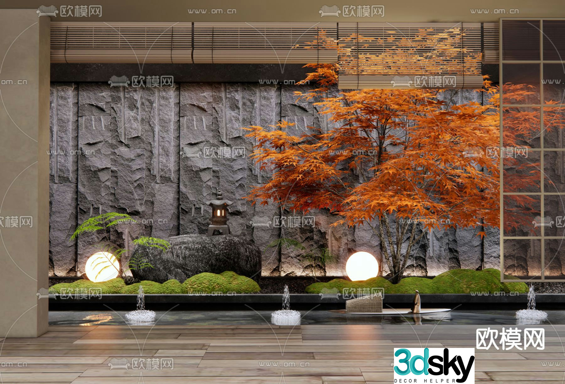 Indoor landscape maple landscaping fountain water 3d model