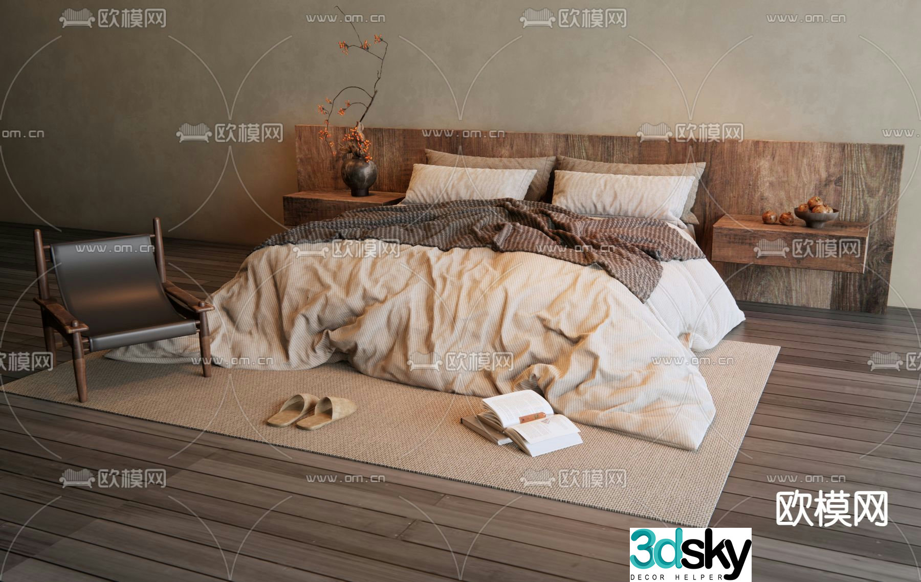 Wabi-sabi style double bed 3d model