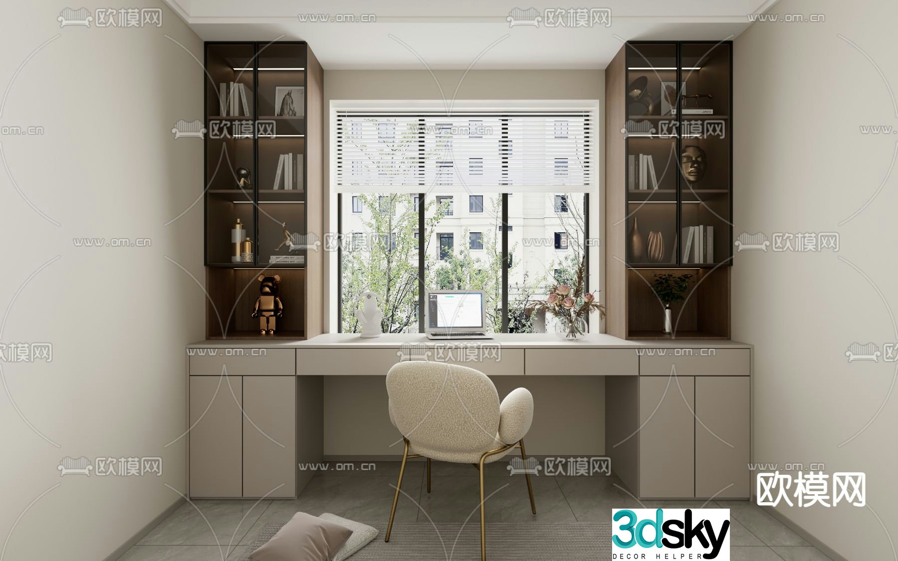 Modern bedroom bay window bookcase 3d model