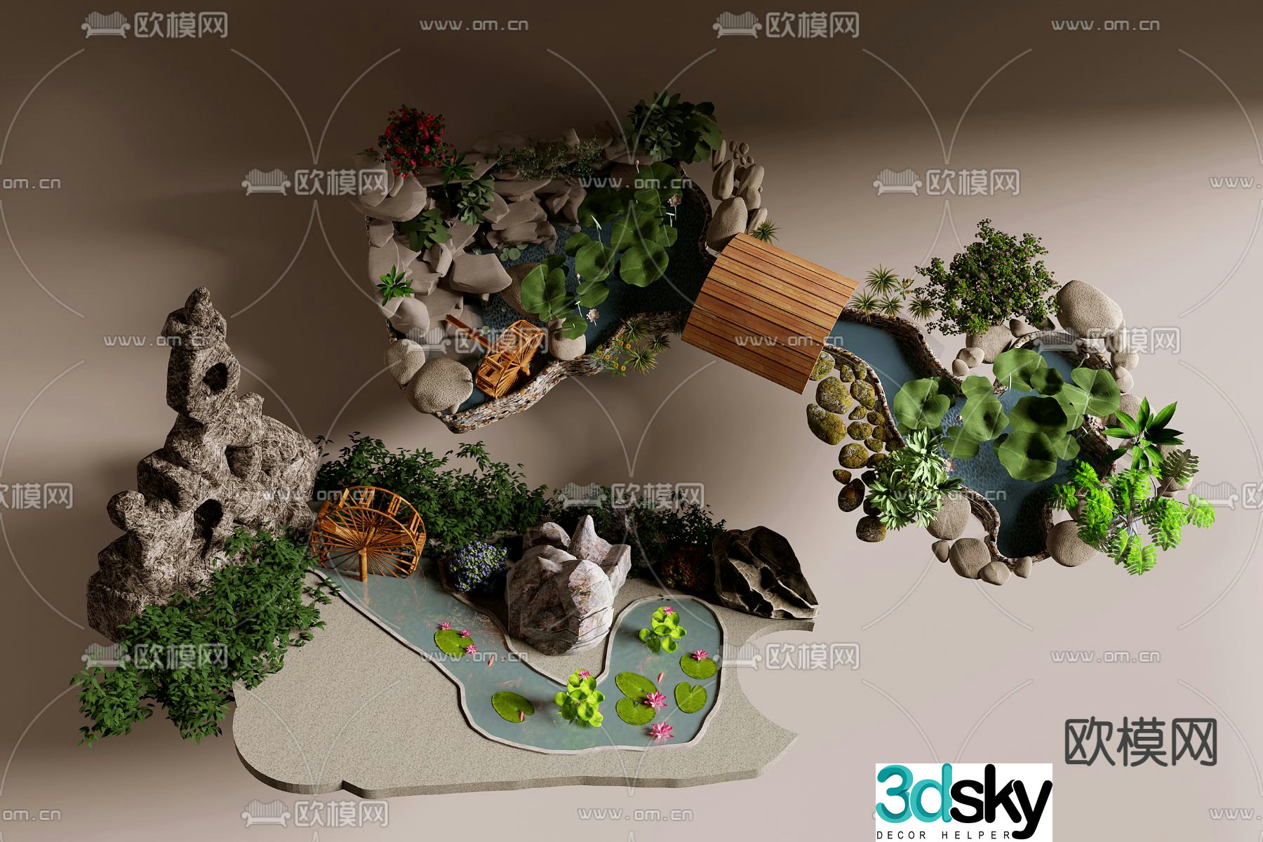 Landscape sketch lotus pond rockery and stone 3D model