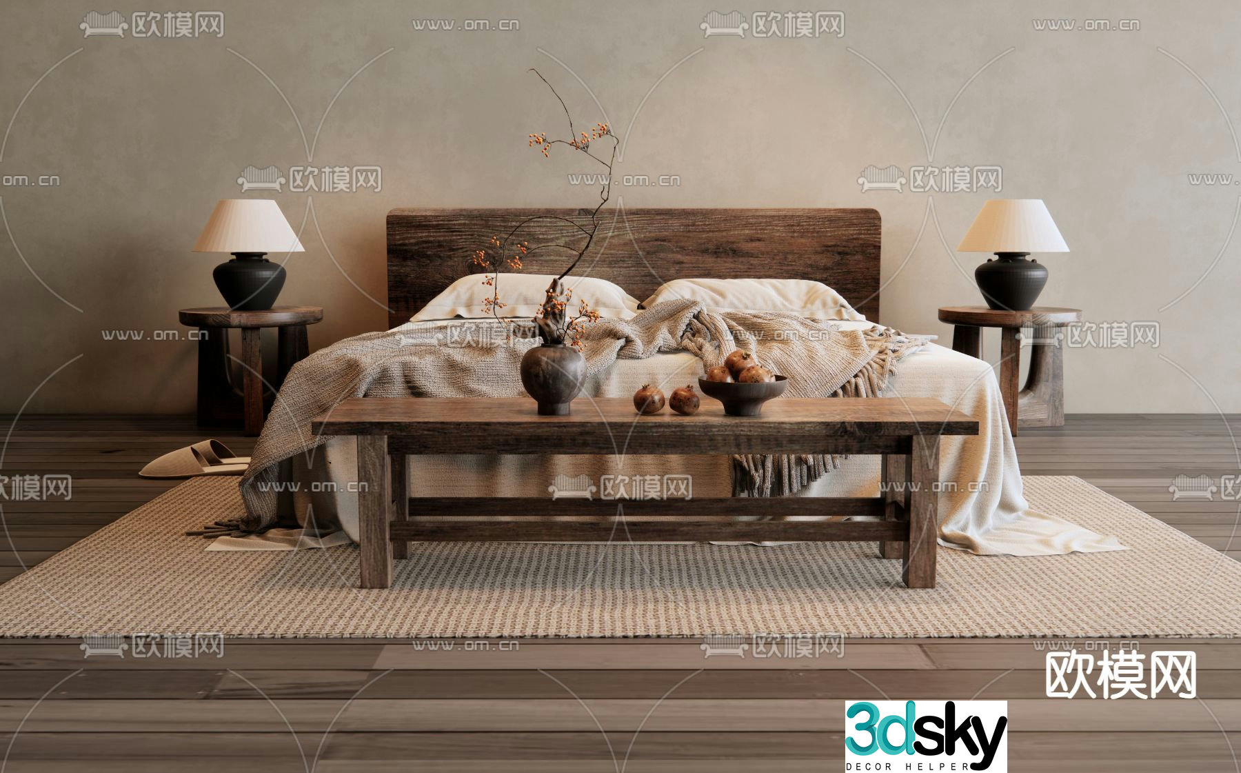 Wabi-sabi double bed 3d model