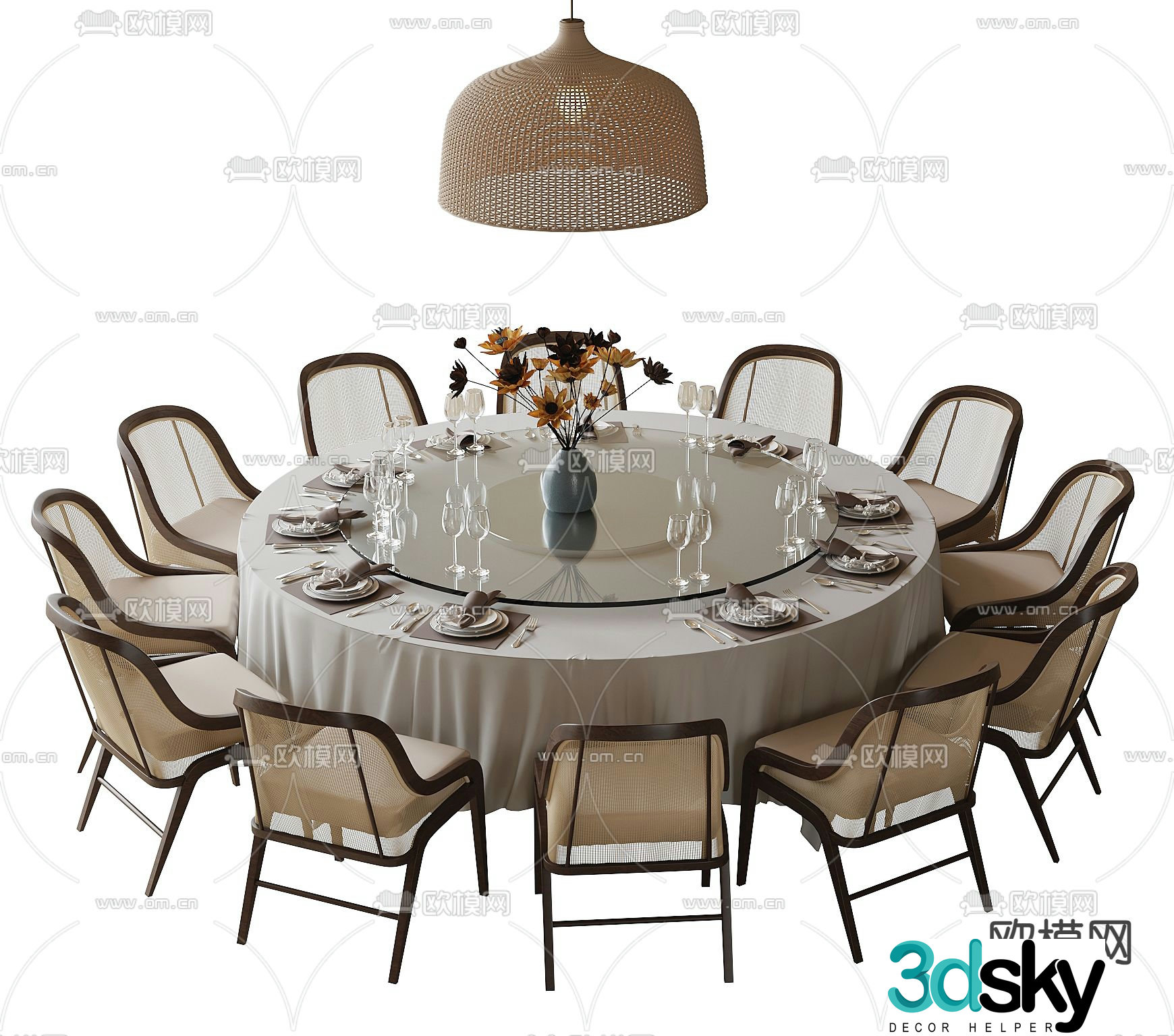 New Chinese style dining table and chairs round dining table 3d model