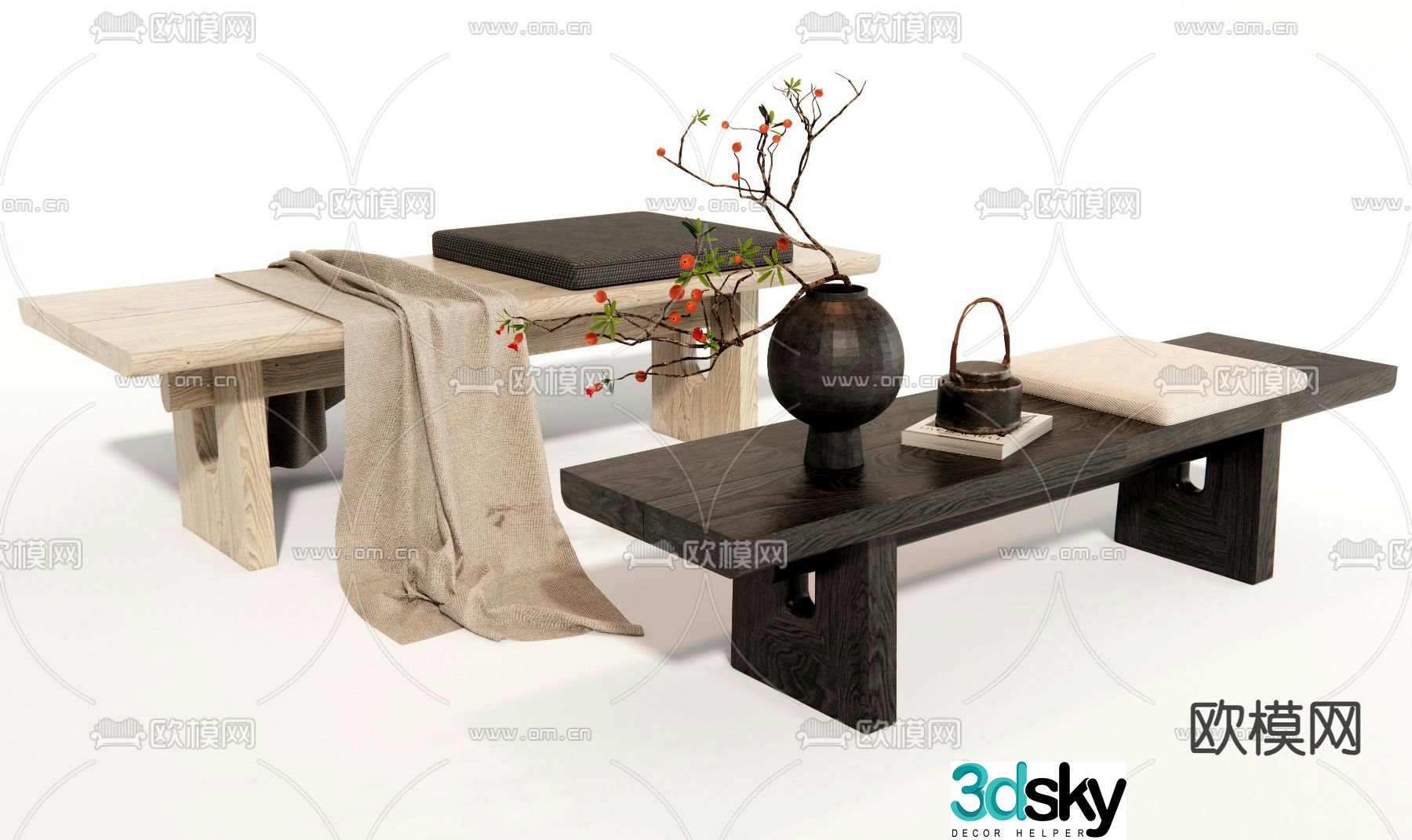 Wabi-sabi style bench bed end stool shoe changing stool bar stool 3D model