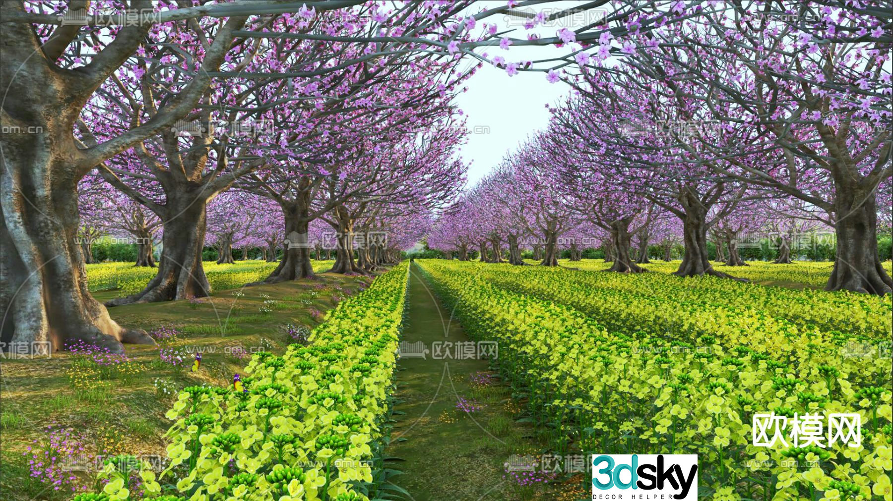 Rapeseed flower rape field peach forest peach blossom forest woodland field landscape 3d model