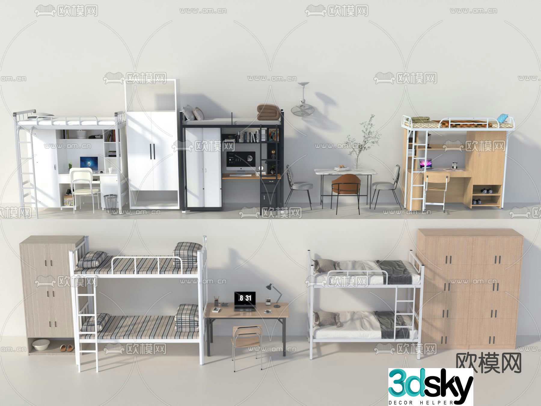 Dormitory bunk bed dormitory study table 3d model