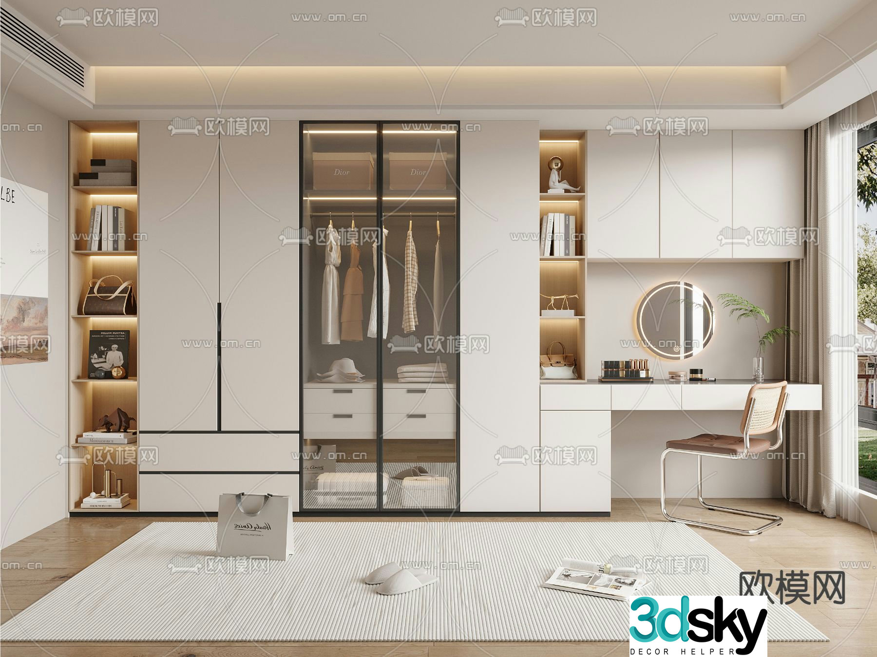 Cream style wardrobe dresser integrated cabinet 3d model
