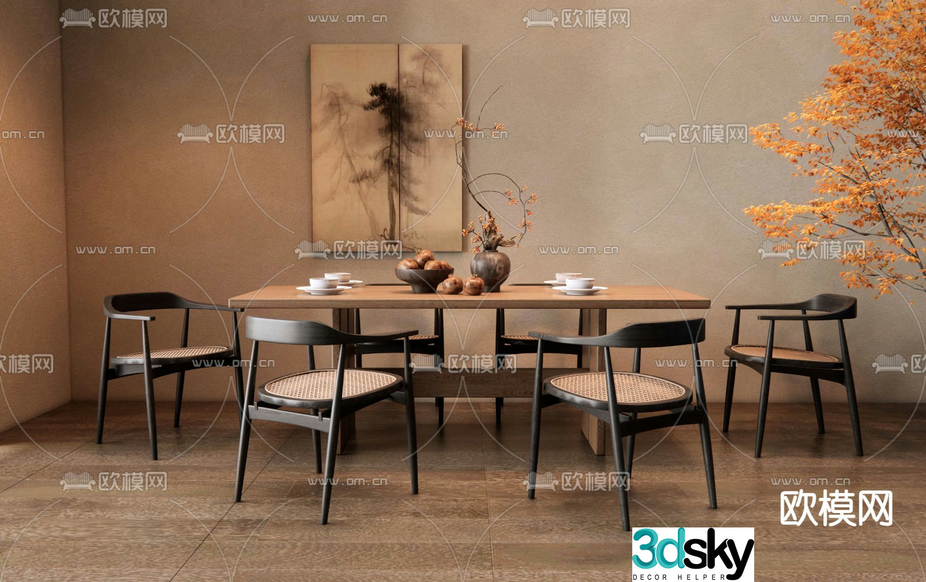 New Chinese dining table and chairs 3d model