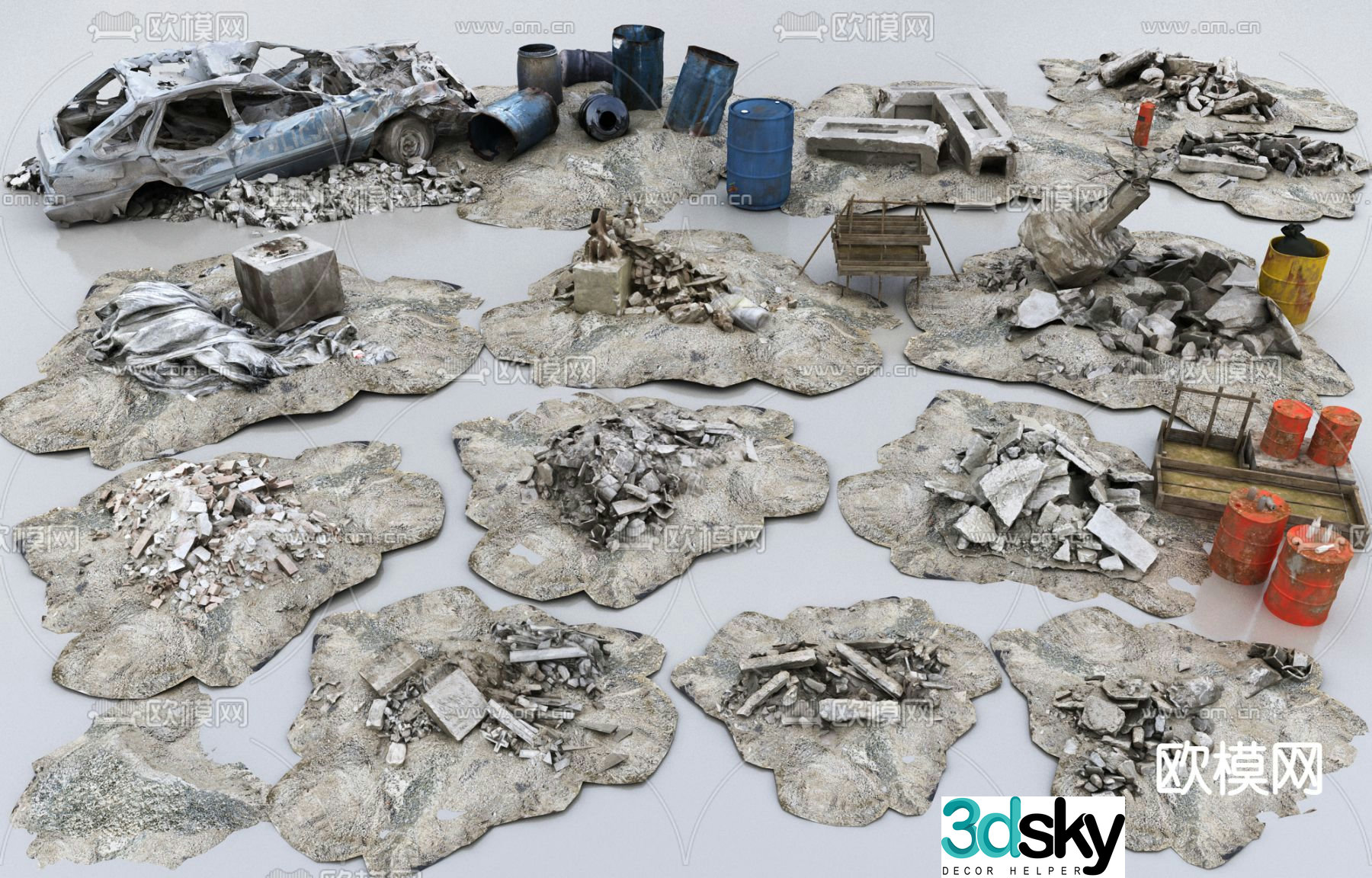 Game scene ruins stones scrap cars street signs 3d model