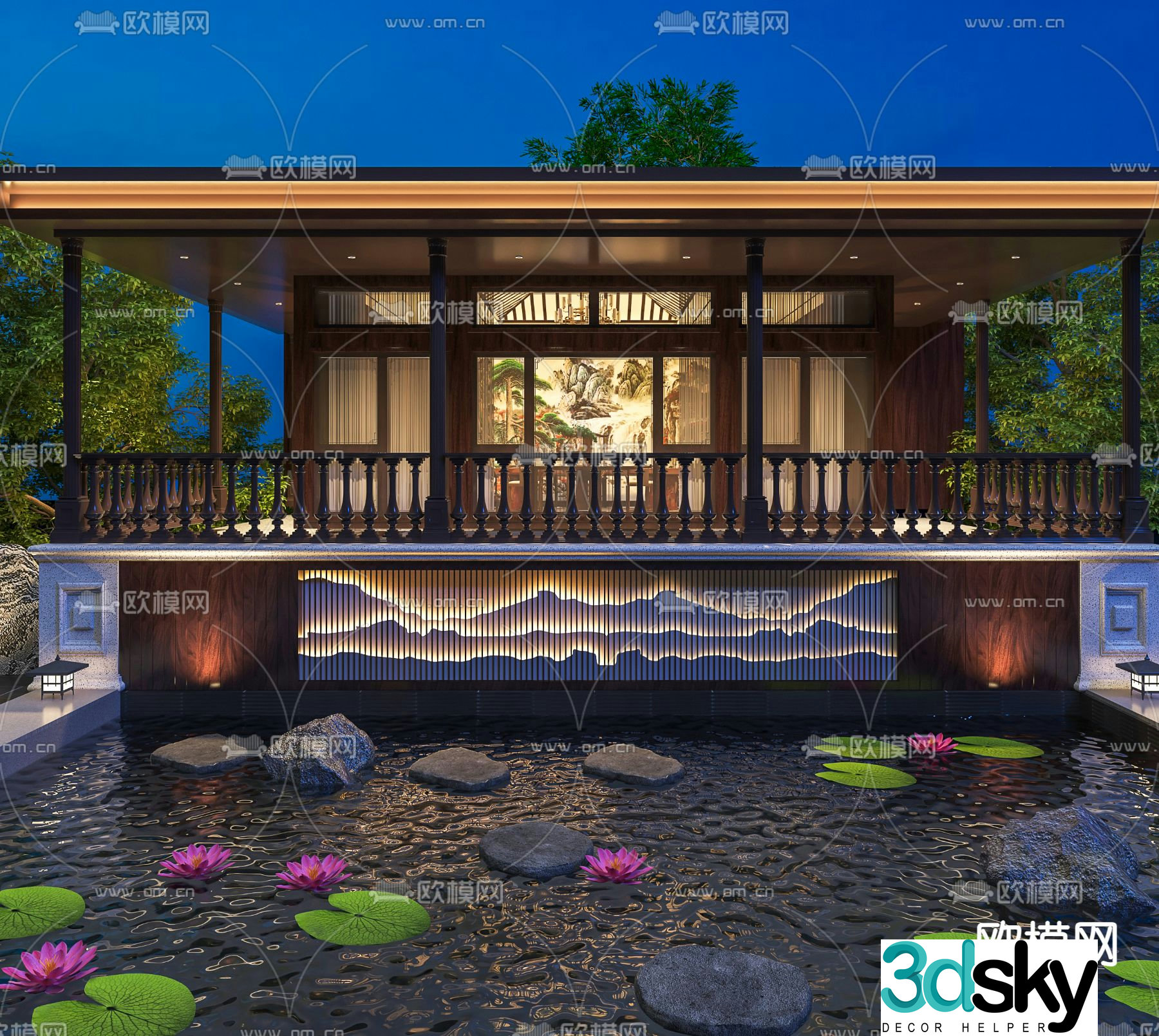 New Chinese style lotus pond balcony railing observation deck 3D model